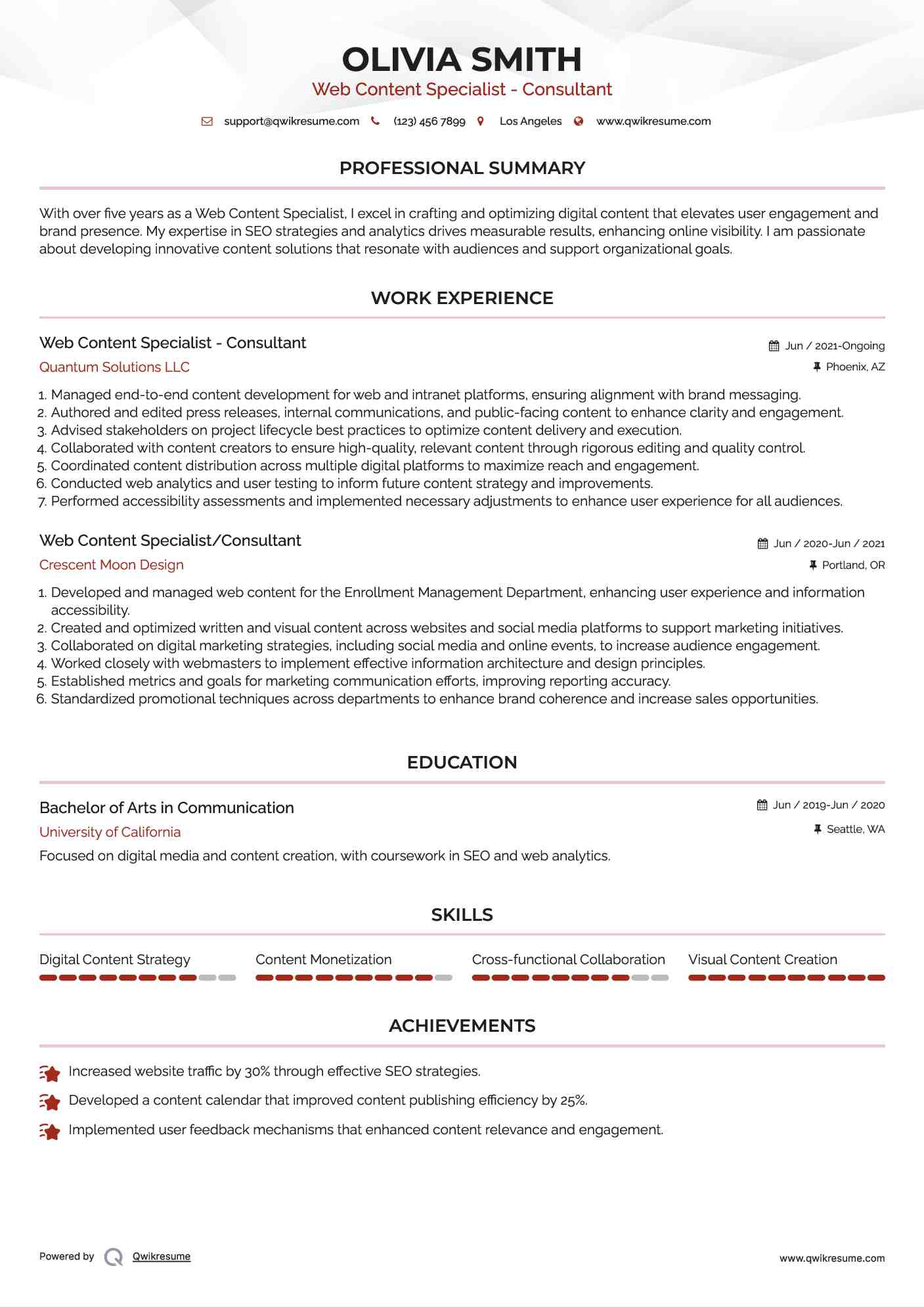 Web Content Specialist - Consultant Resume Model