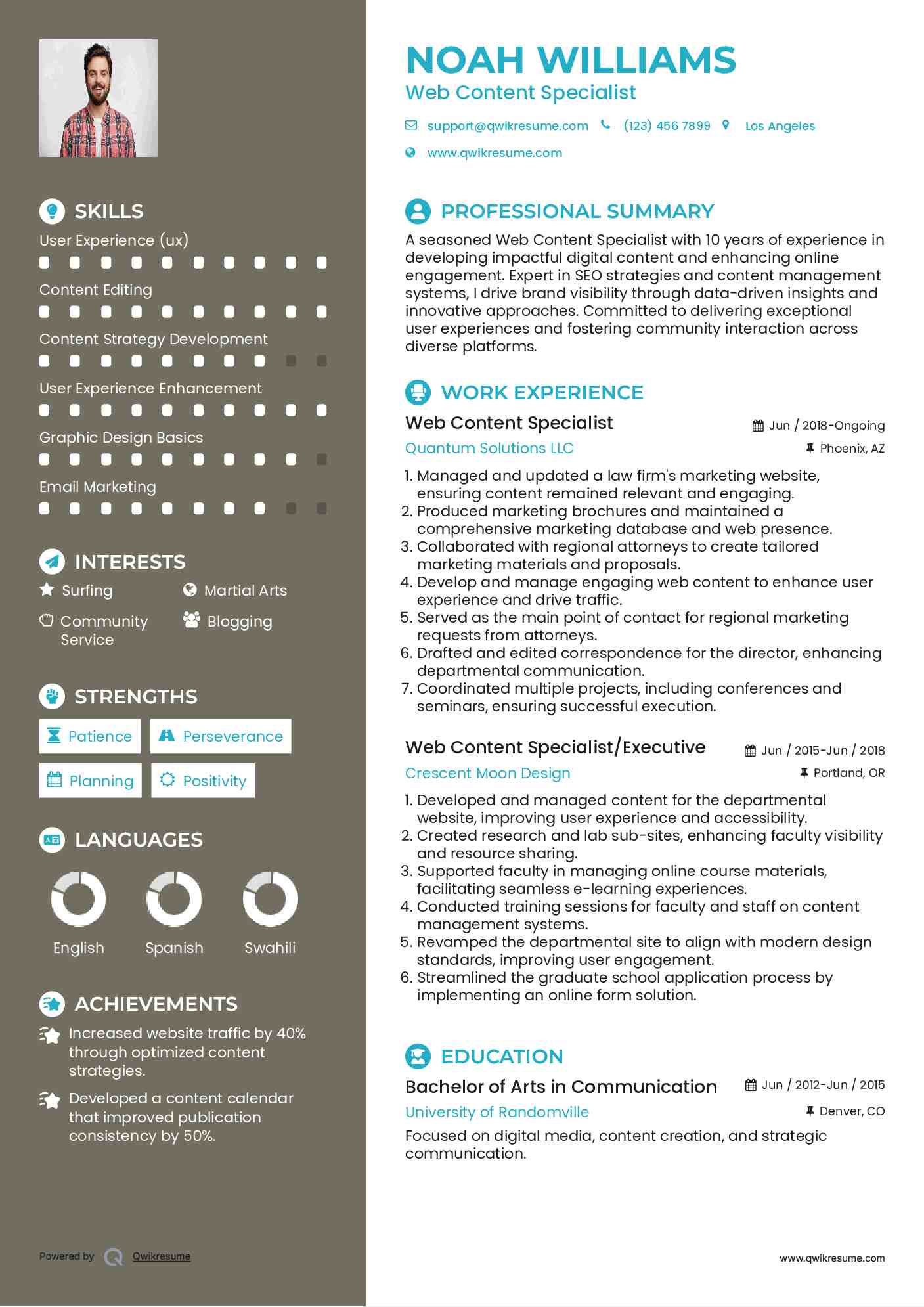 Web Content Specialist Resume Example