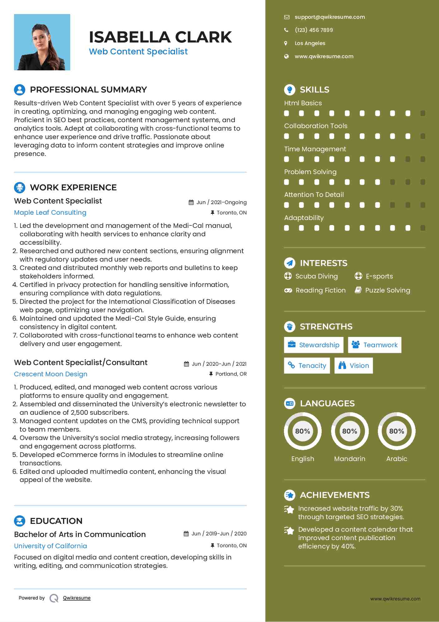 Web Content Specialist Resume Example