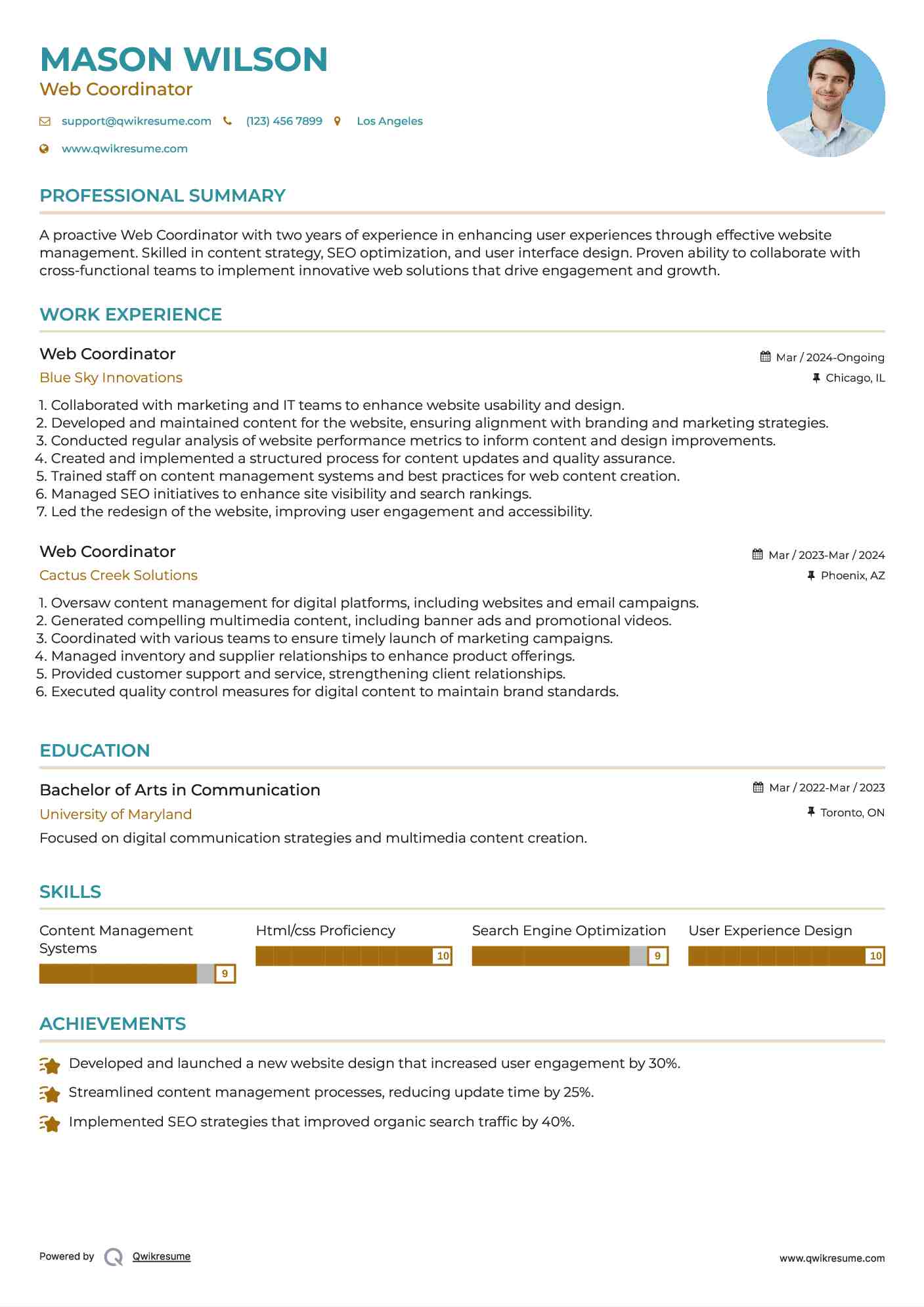 Web Coordinator Resume Example