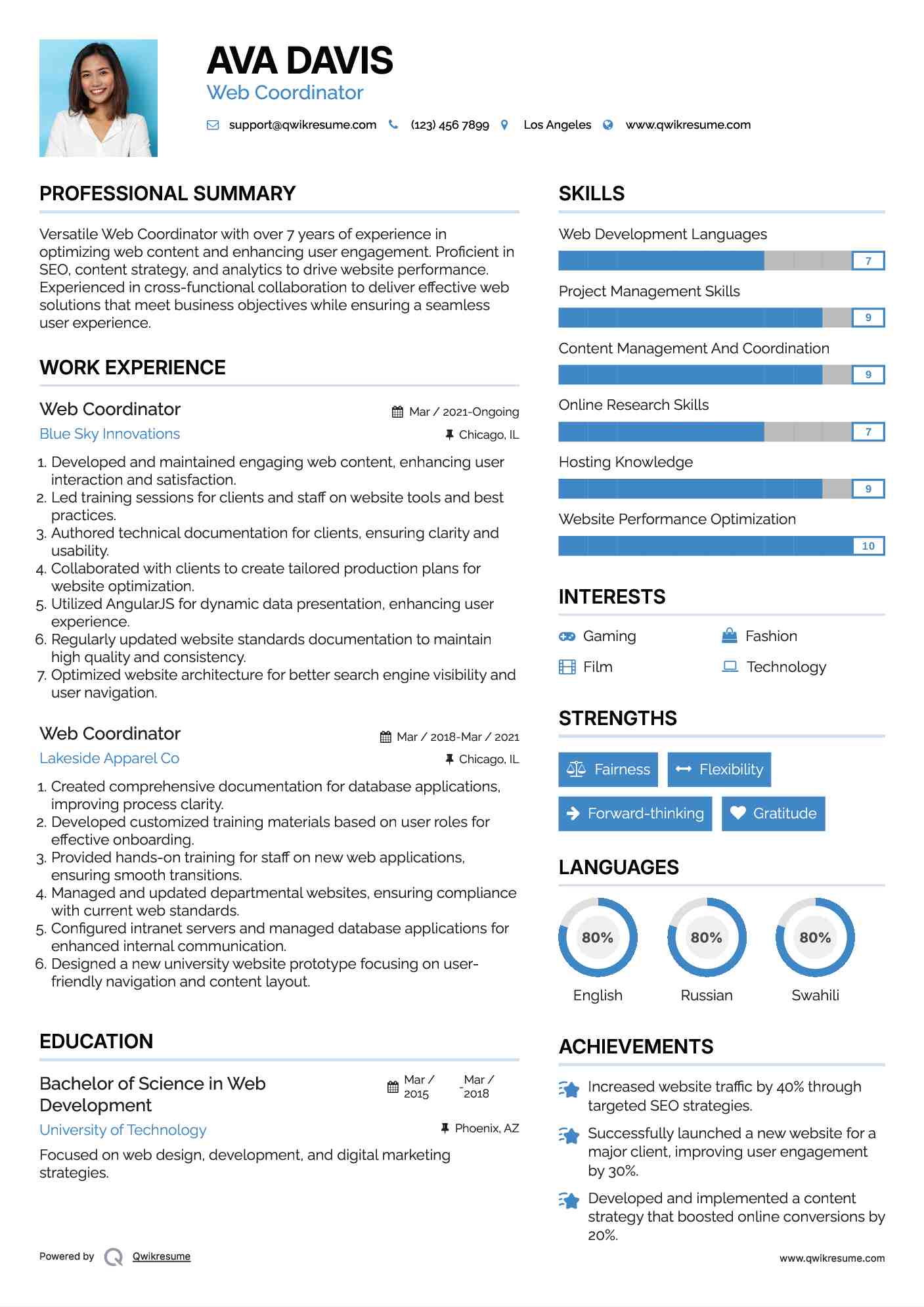 Web Coordinator Resume Sample