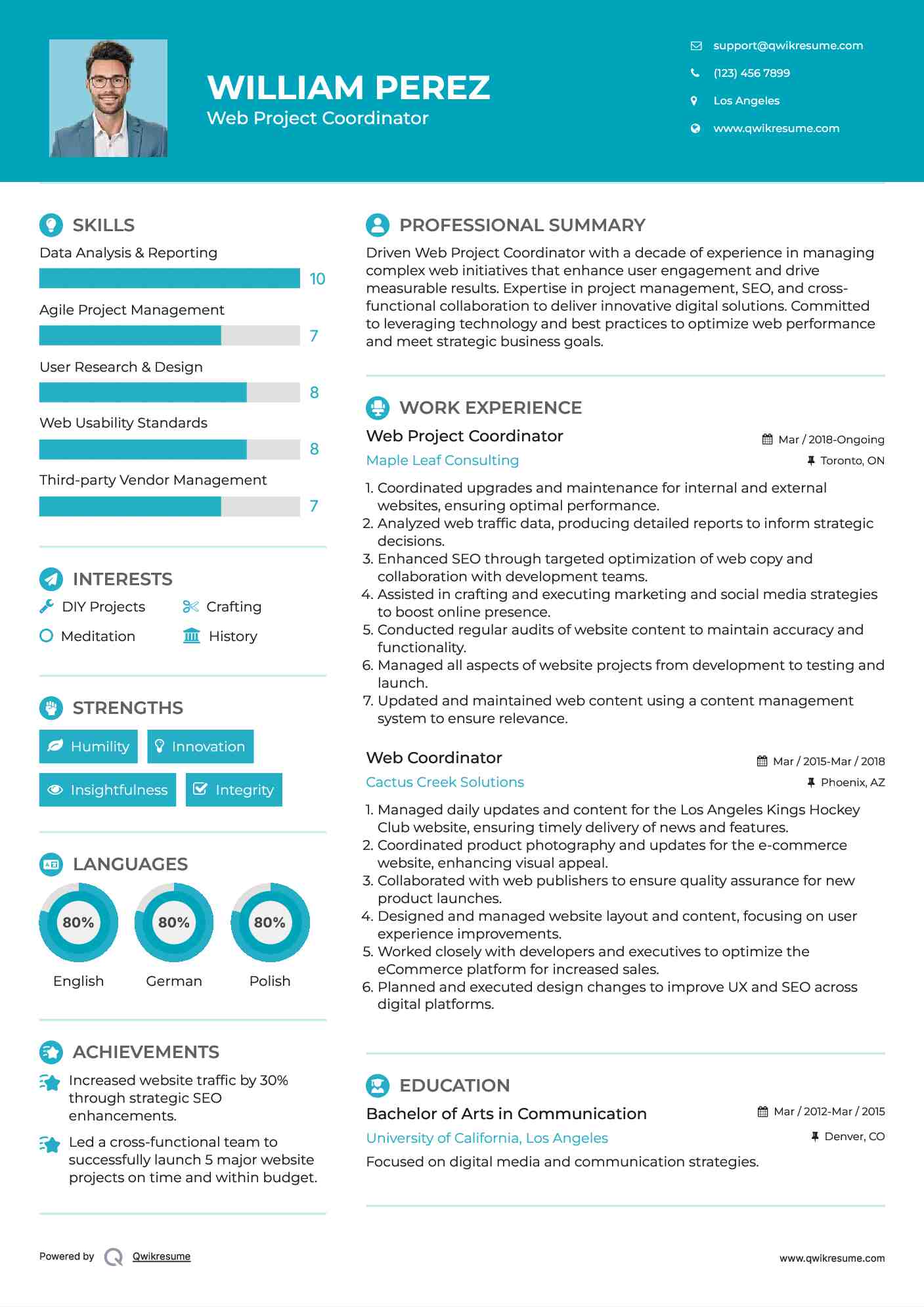 Web Project Coordinator Resume Example
