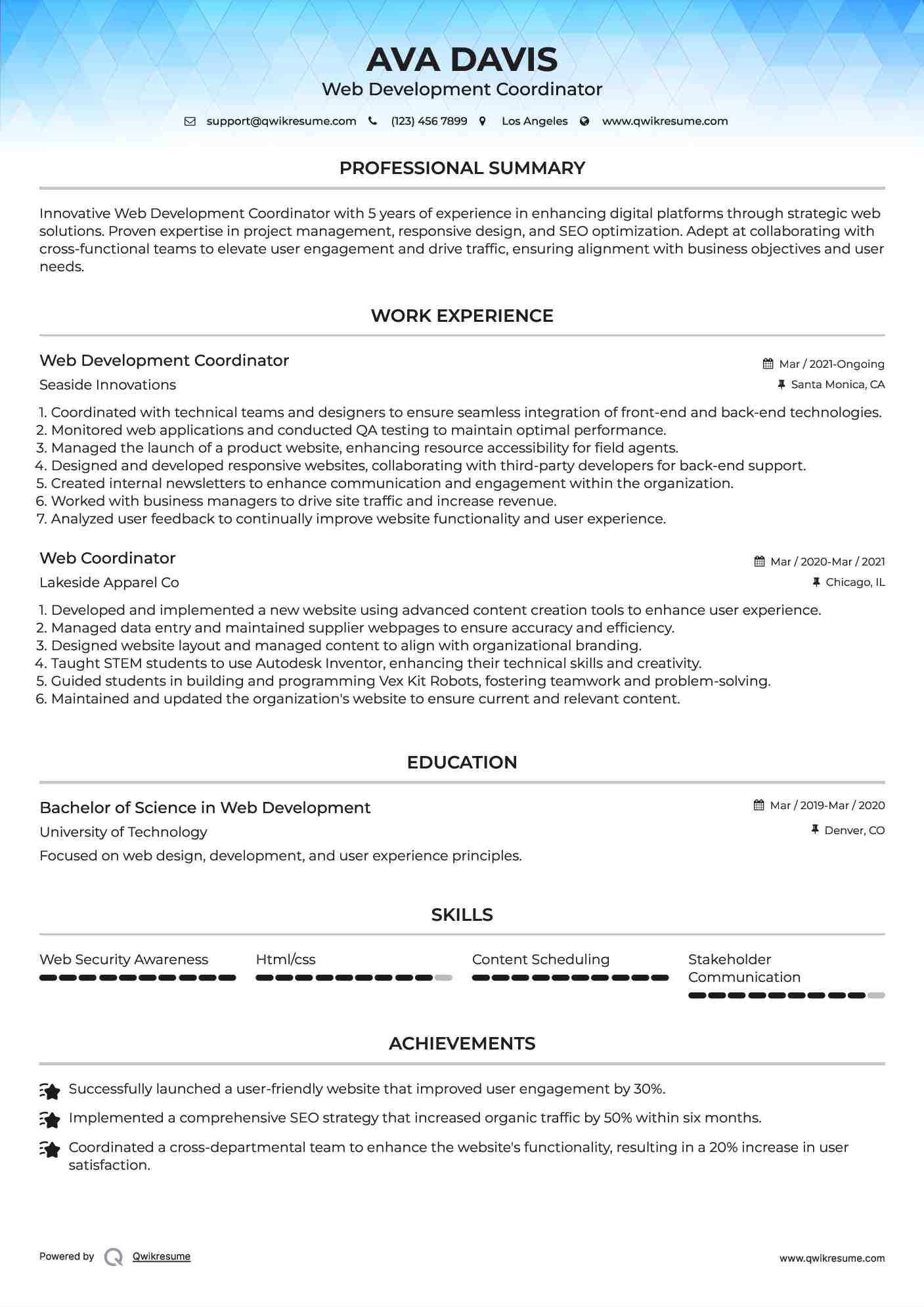 Web Development Coordinator Resume Template