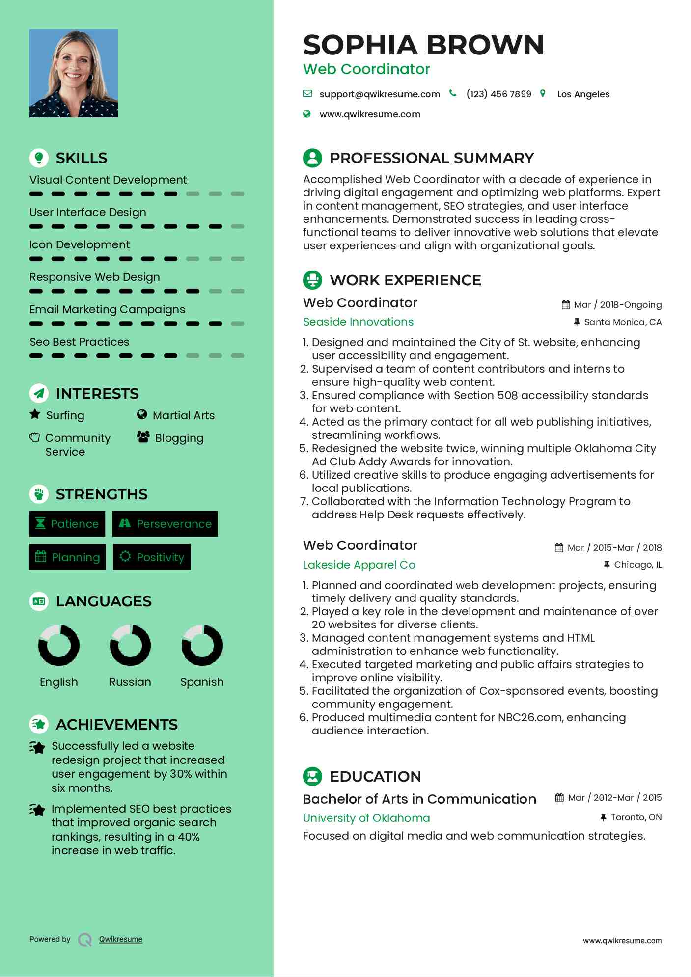 Web Coordinator Resume Template