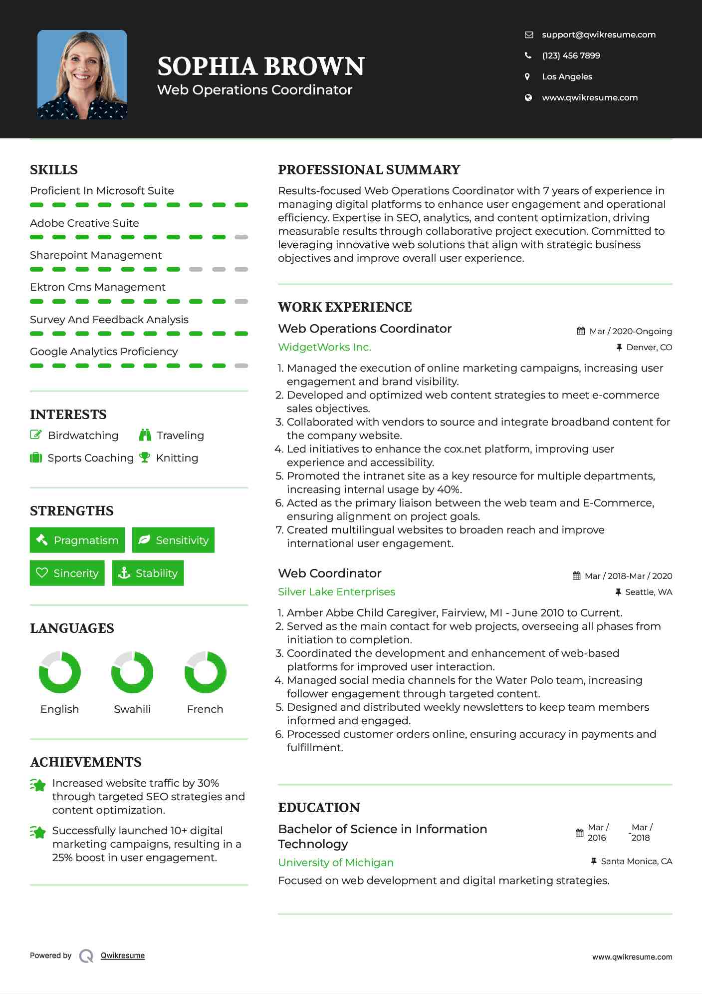 Web Operations Coordinator Resume Example