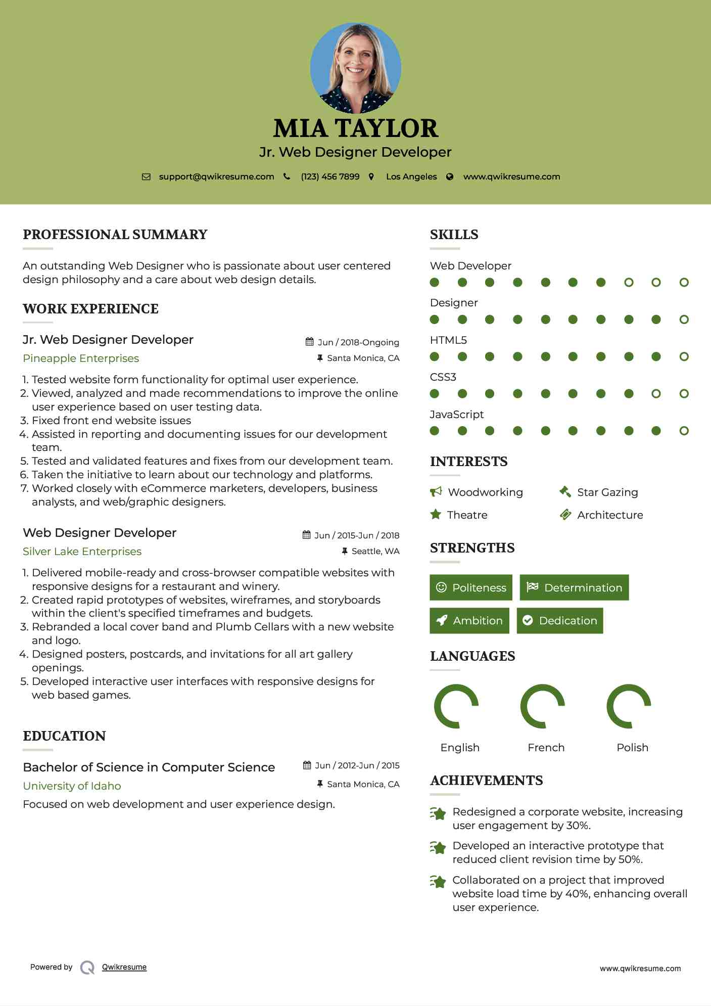Jr. Web Designer Developer Resume Model