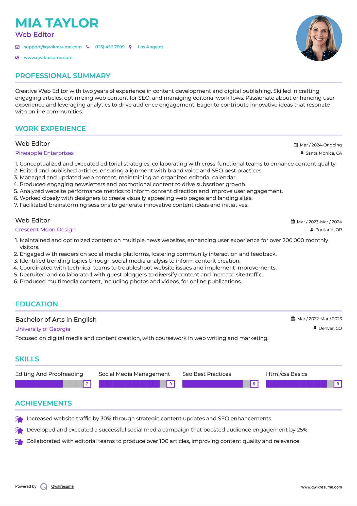 Web Editor Resume Template