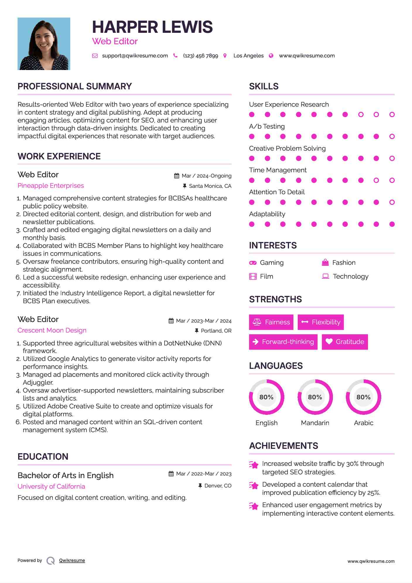 Web Editor Resume Template