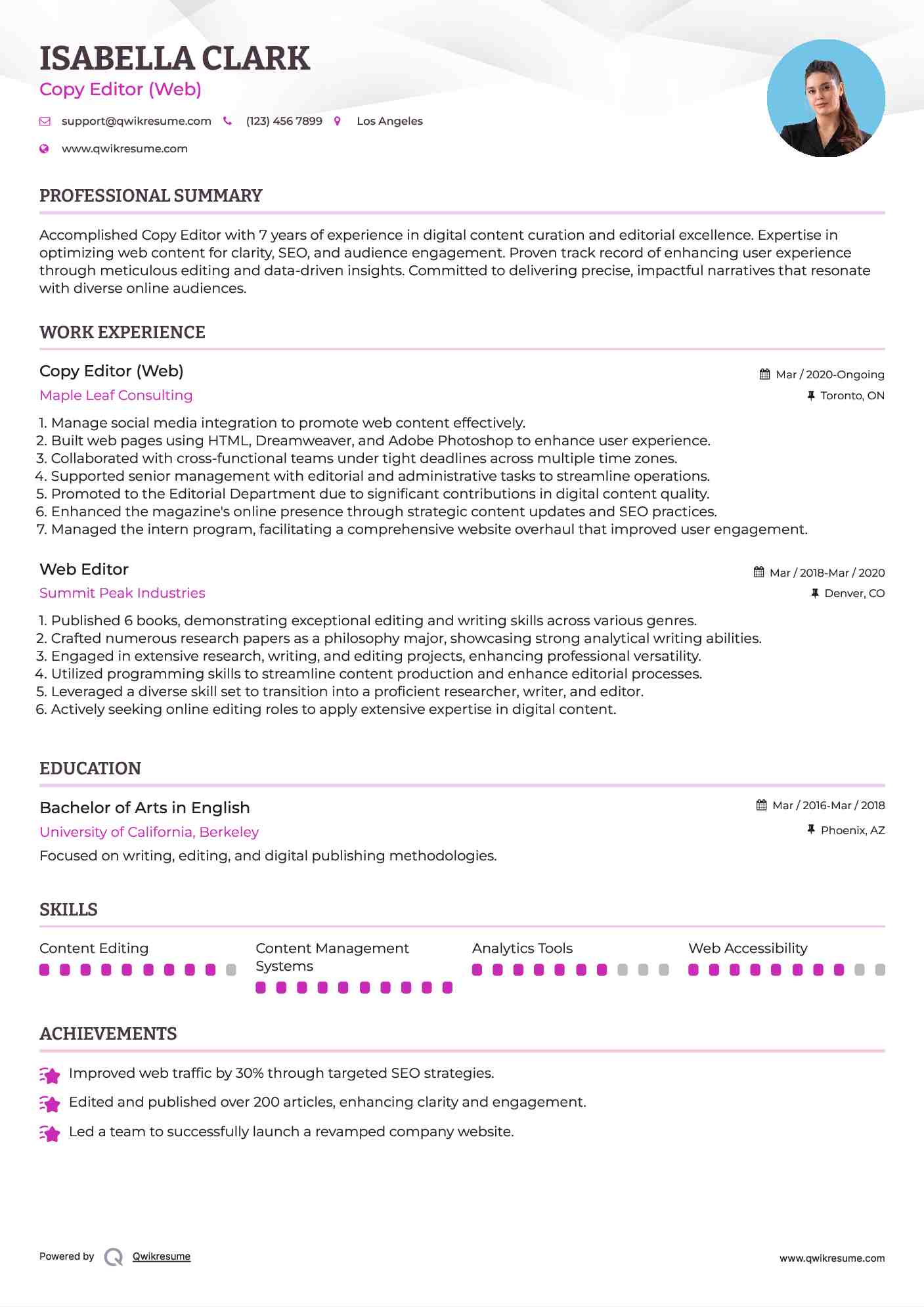 Copy Editor (Web) Resume Model