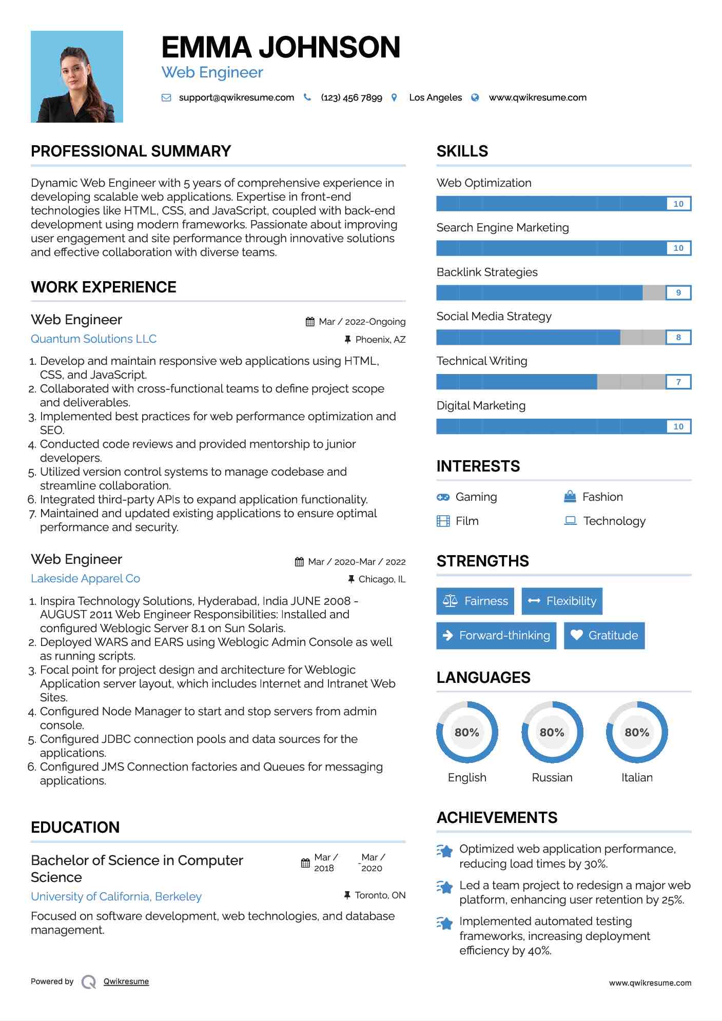 Web Engineer Resume Example