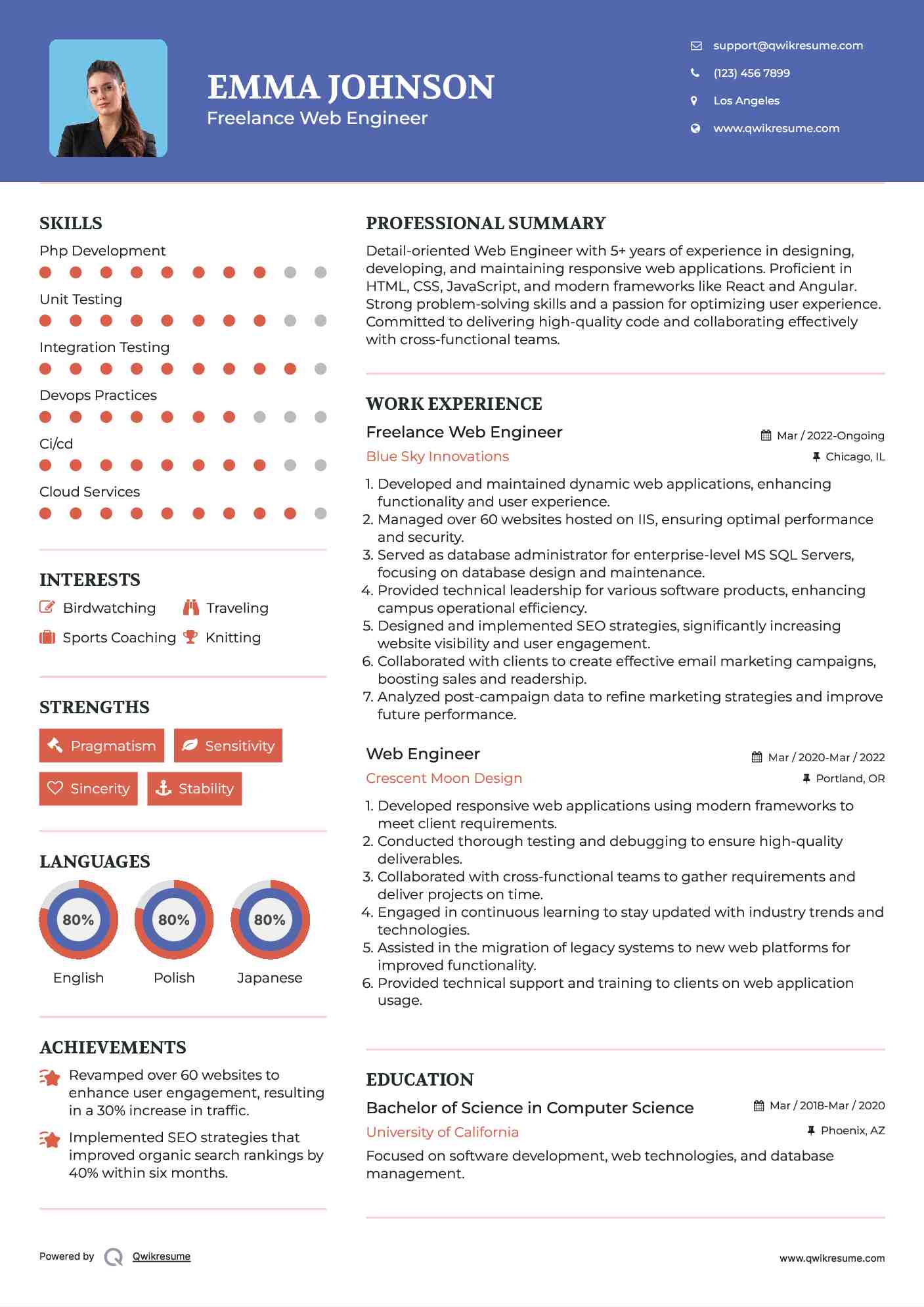 Freelance Web Engineer Resume Sample