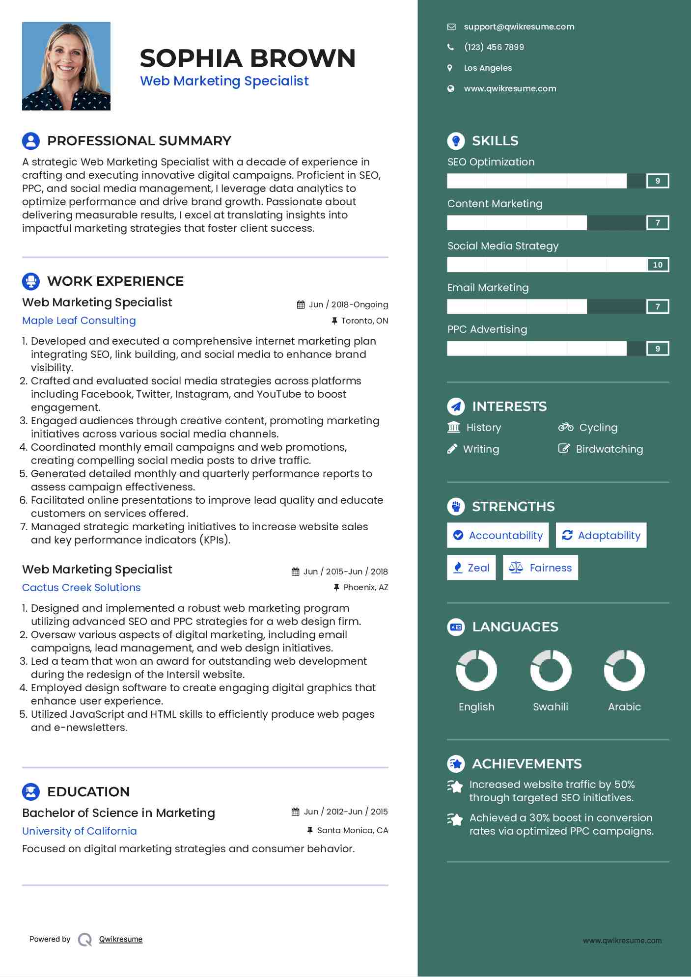 Web Marketing Specialist Resume Format