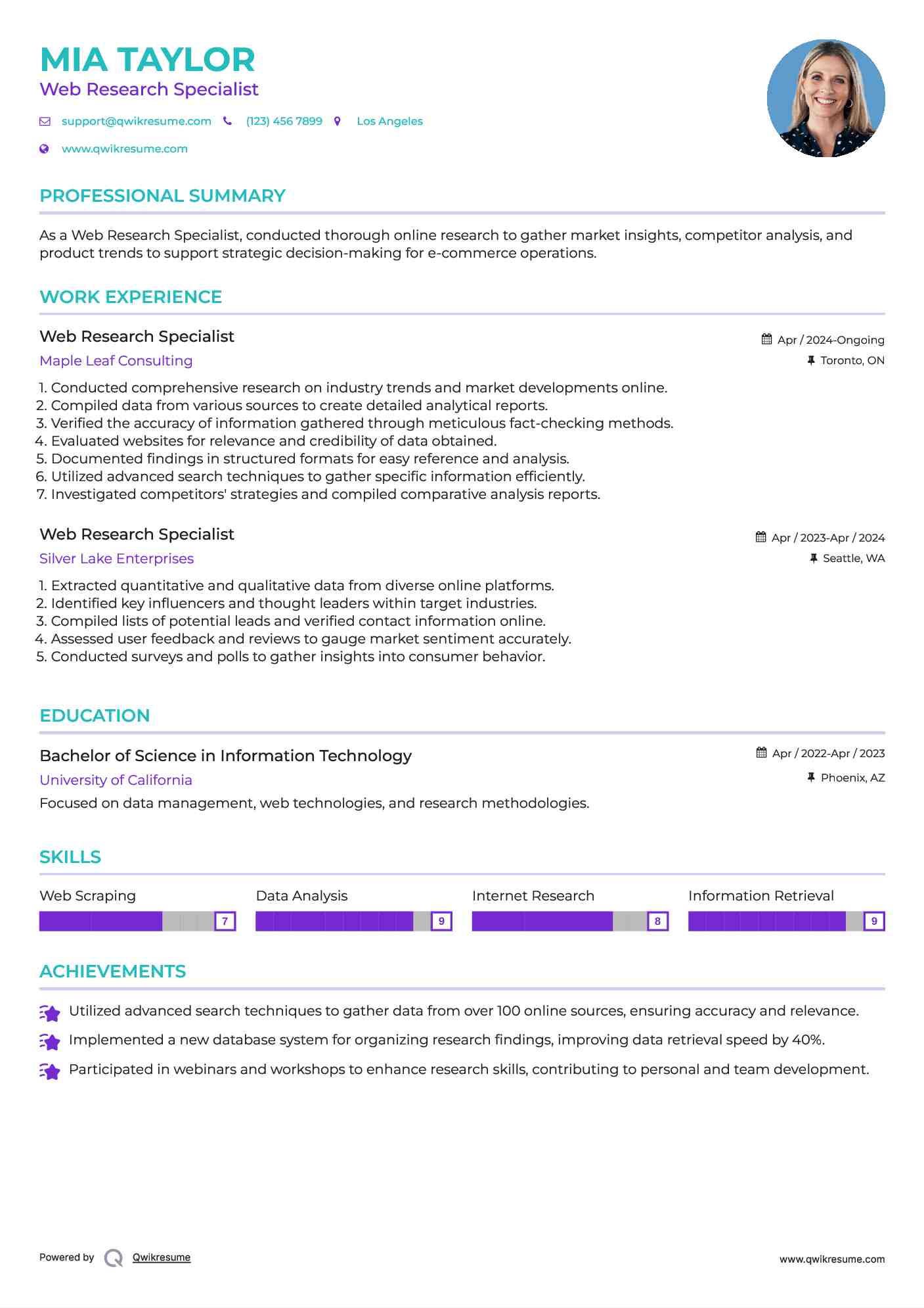 Web Research Specialist Resume Sample