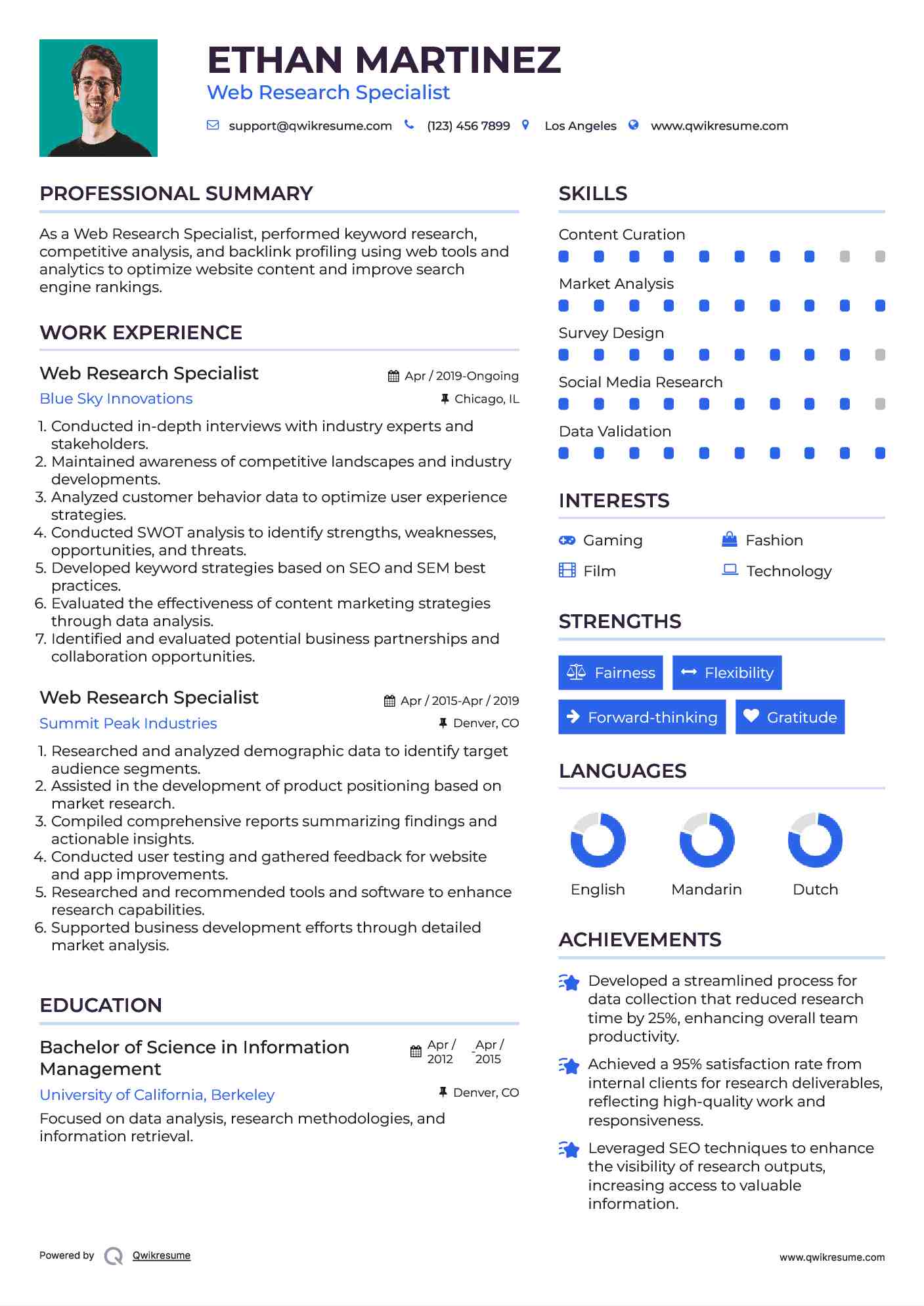 Web Research Specialist Resume Template