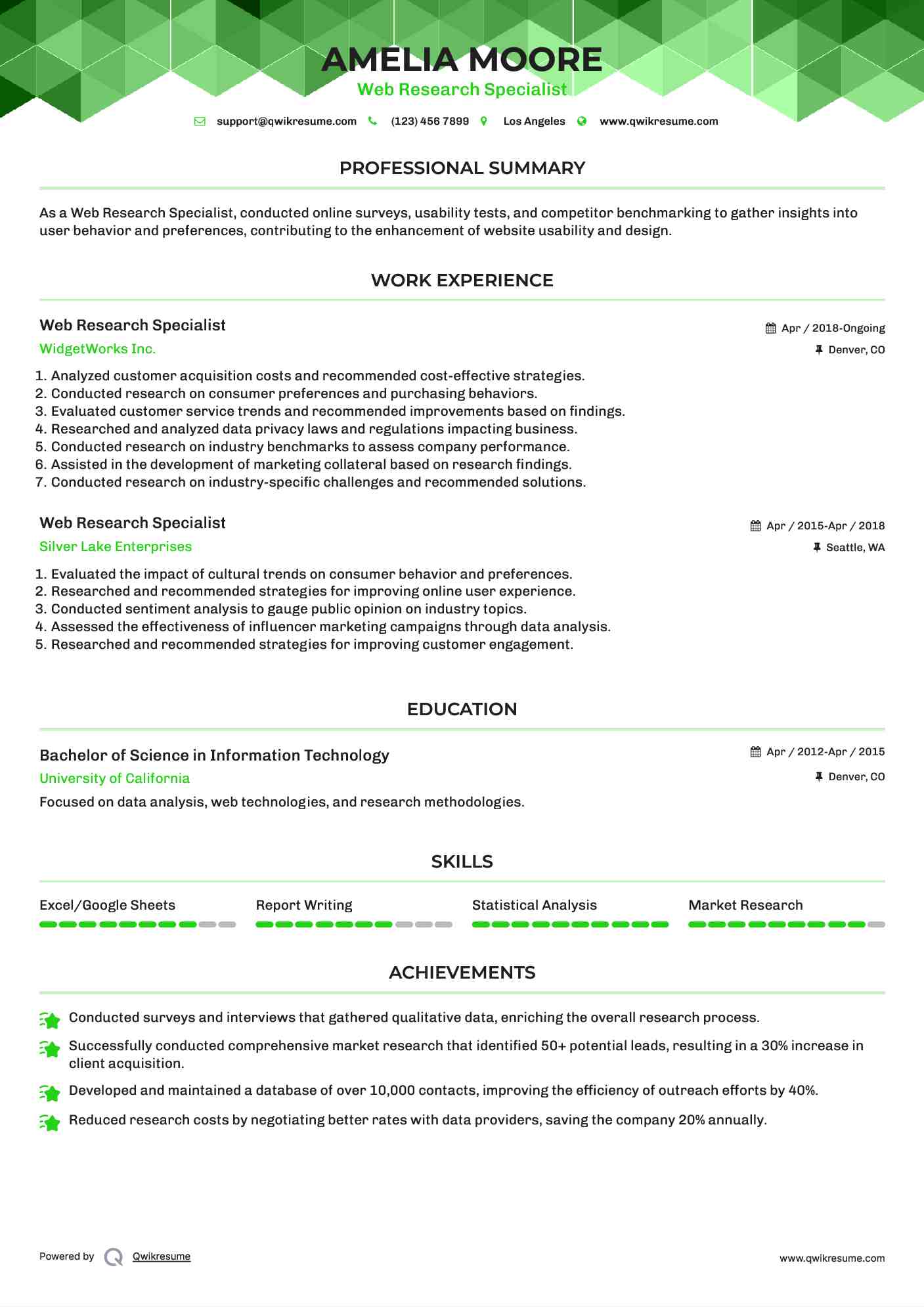 Web Research Specialist Resume Template