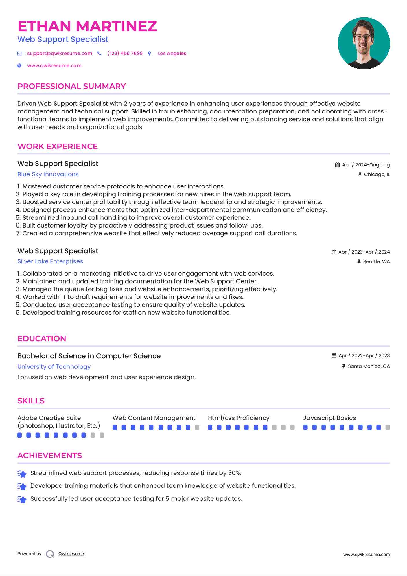 Web Support Specialist Resume Format