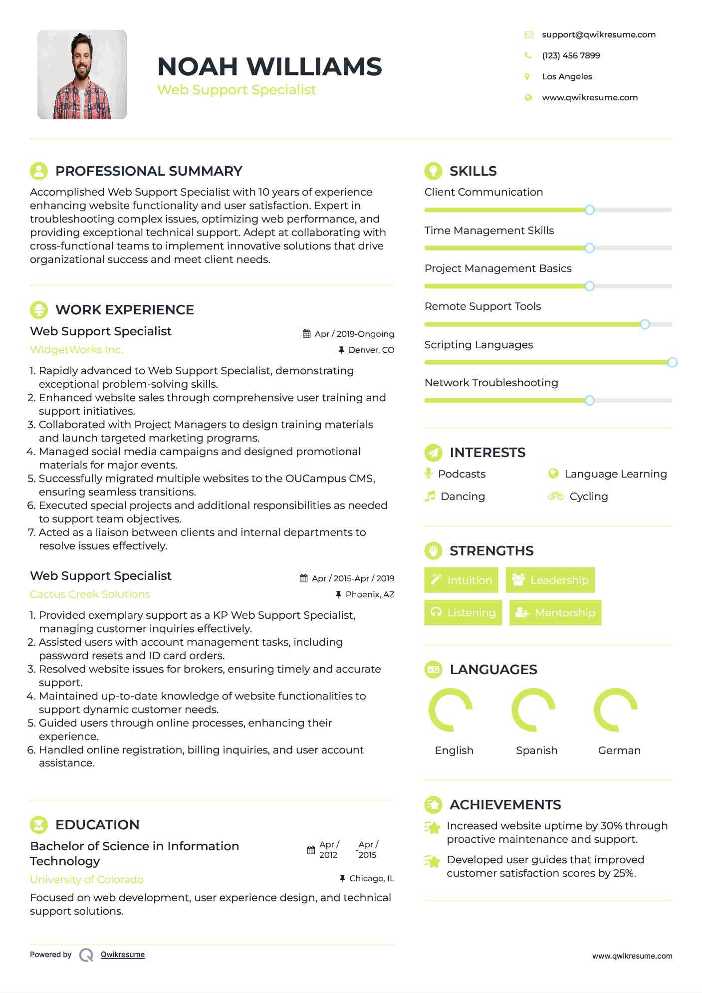 Web Support Specialist Resume Format