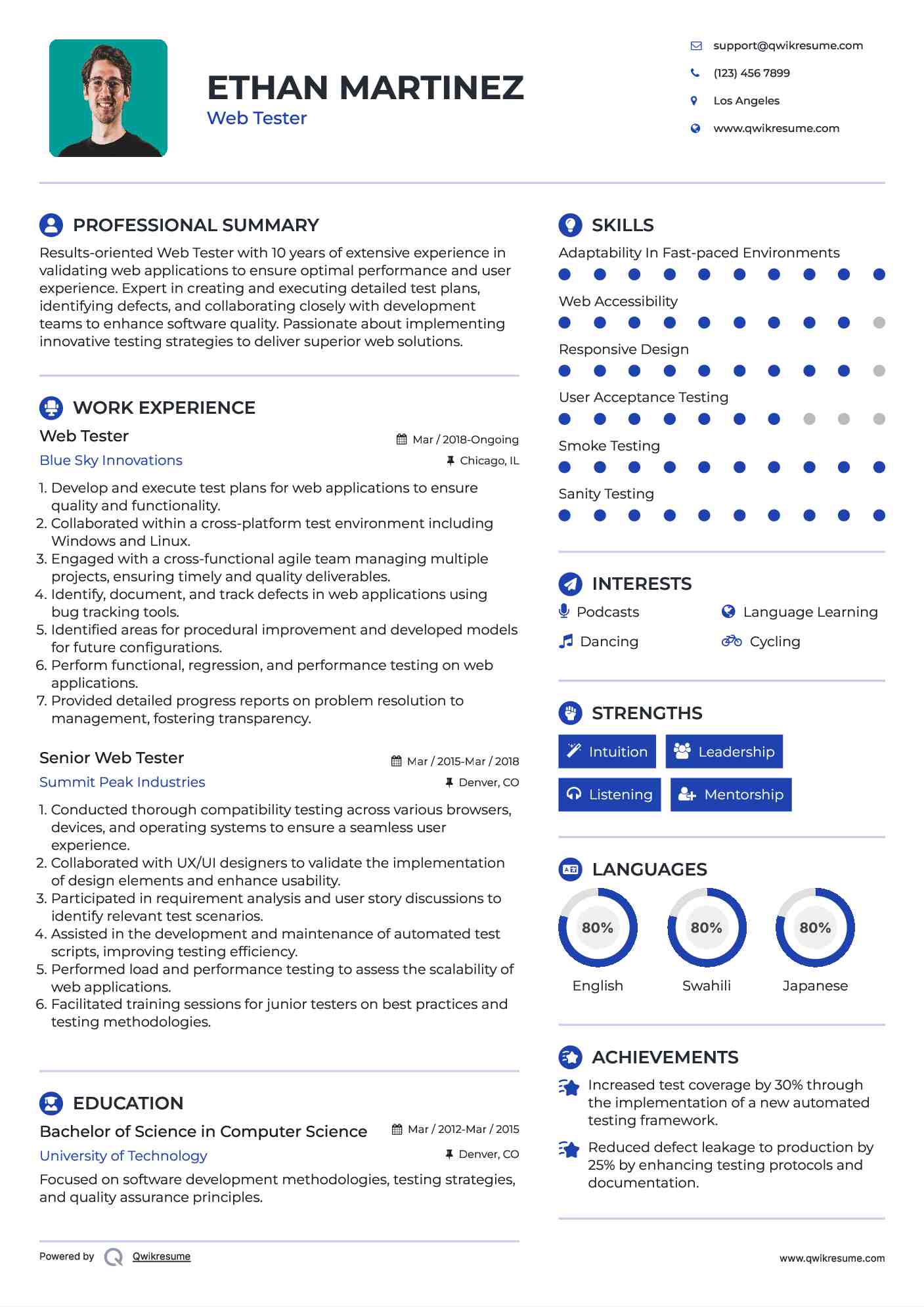 Web Tester Resume Template