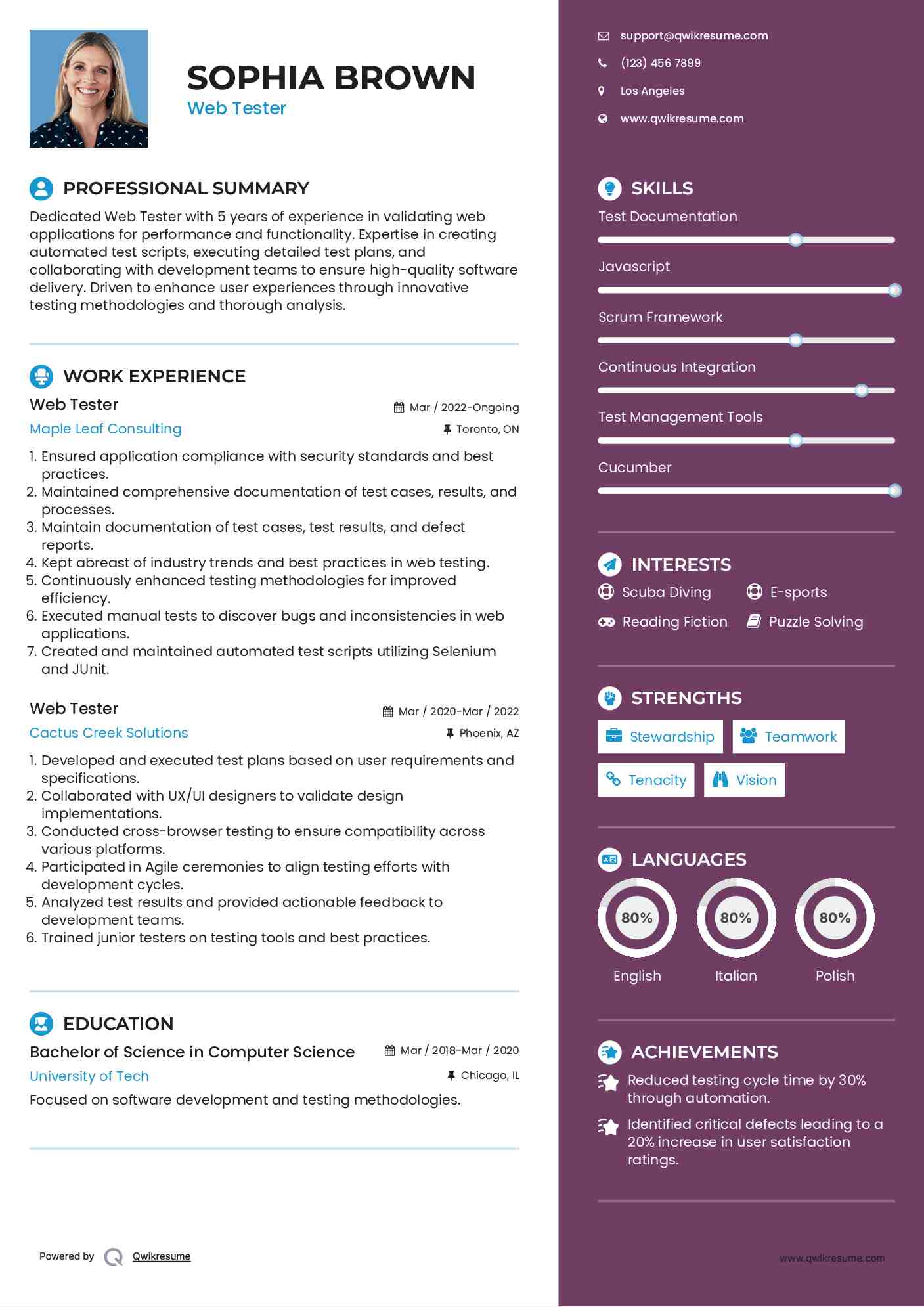 Web Tester Resume Sample