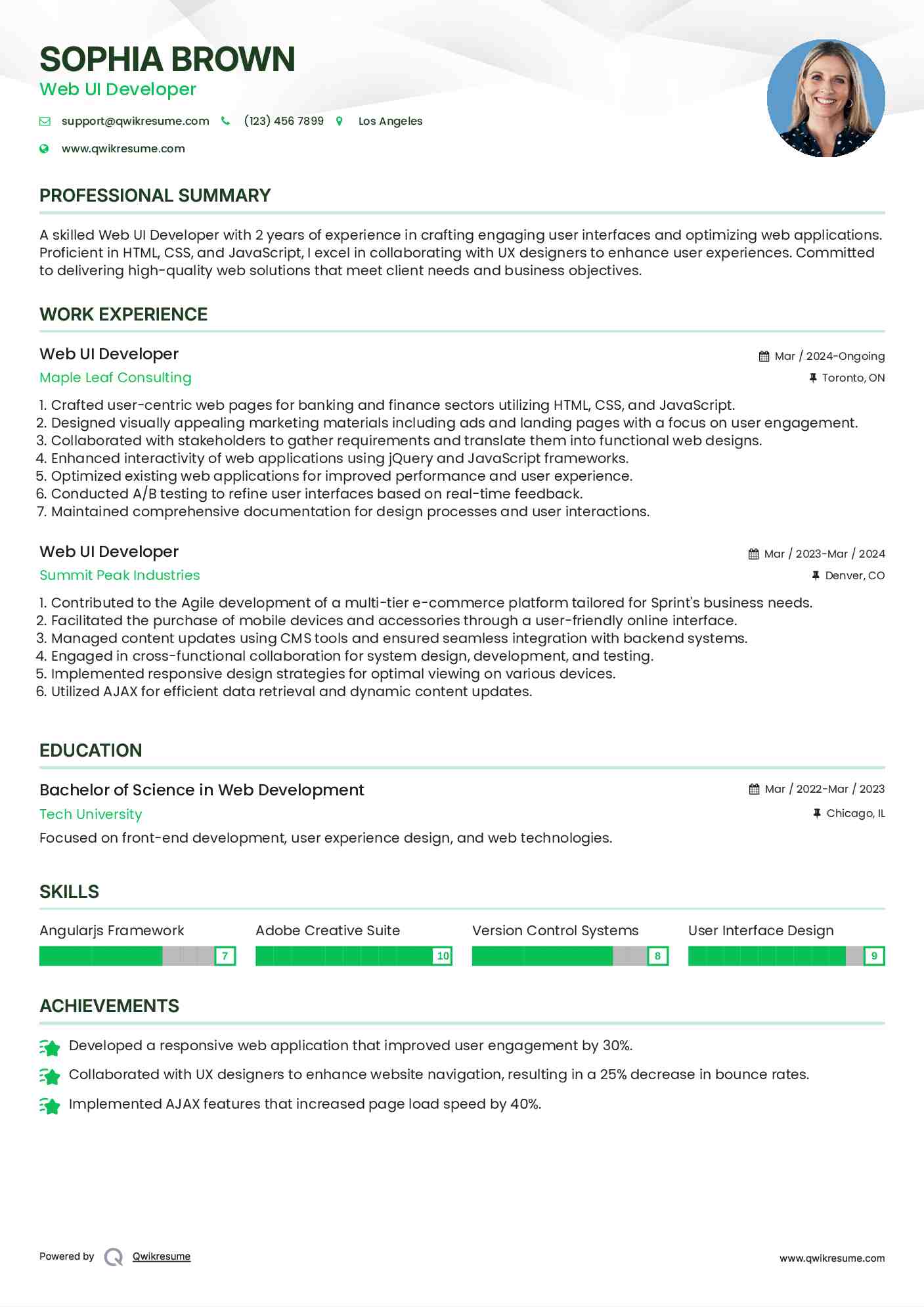 Web UI Developer Resume Model