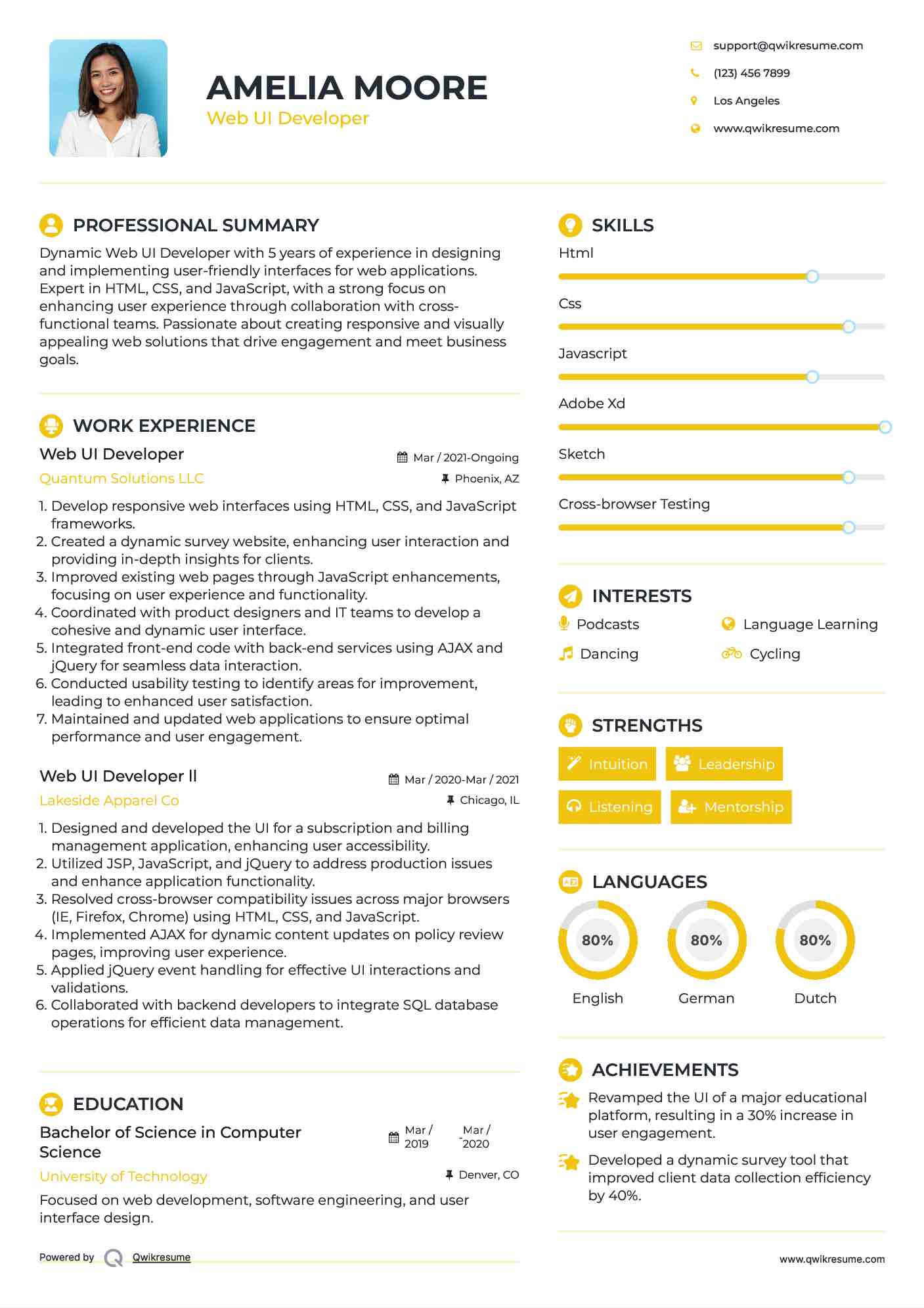 Web UI Developer Resume Example