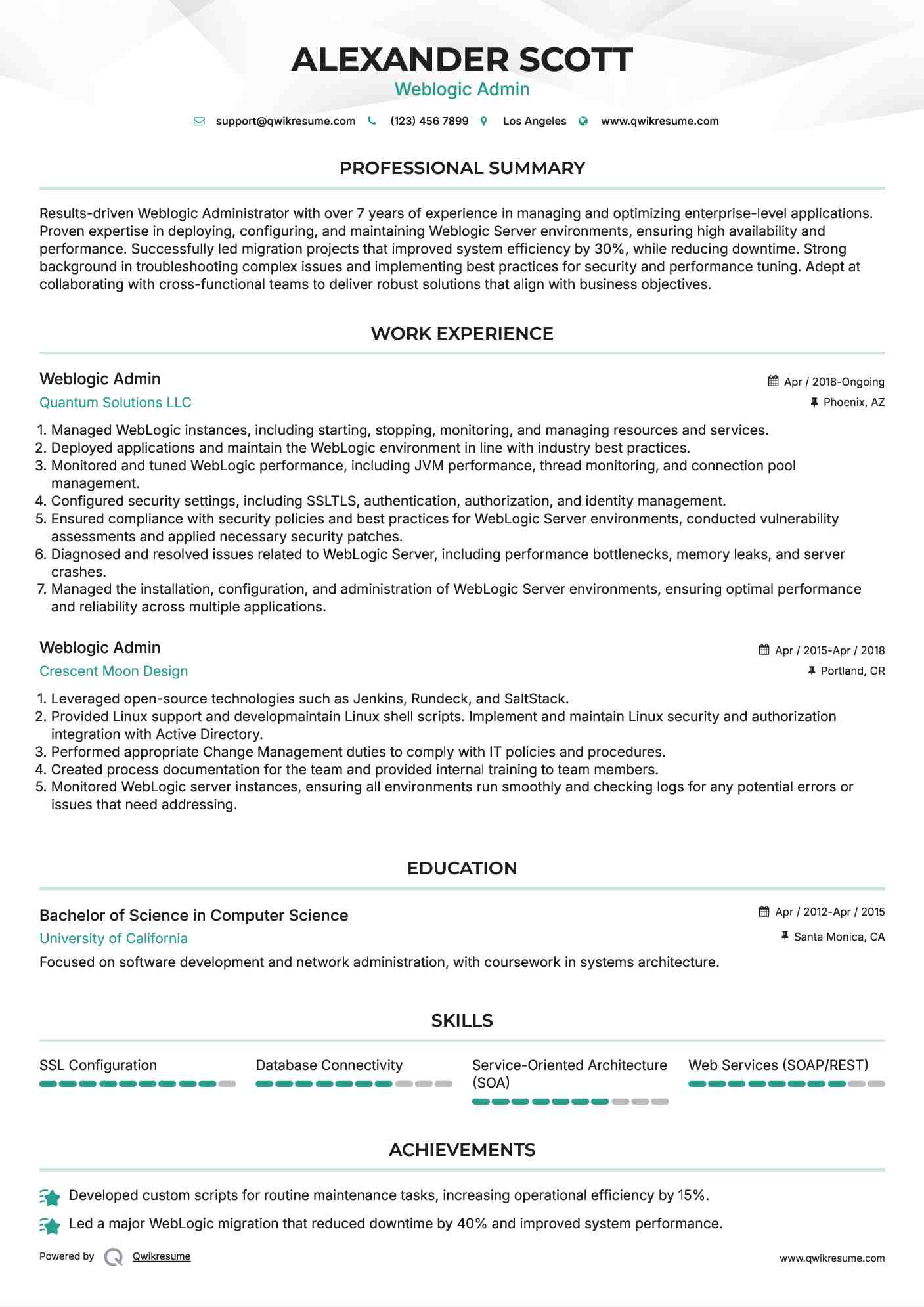 Weblogic Admin Resume Format
