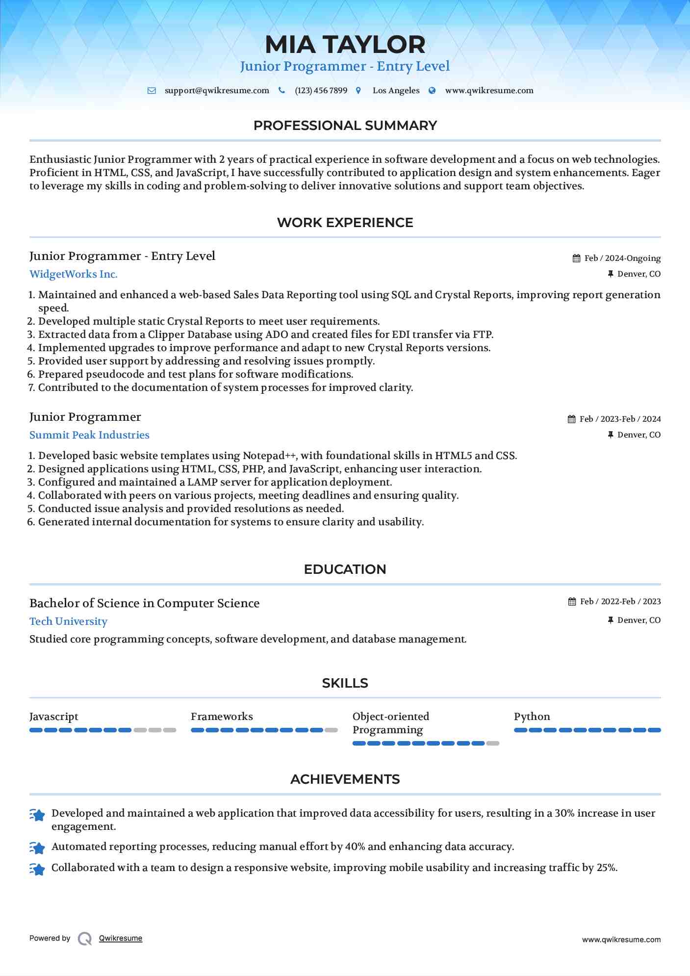 Junior Programmer - Entry Level Resume Template