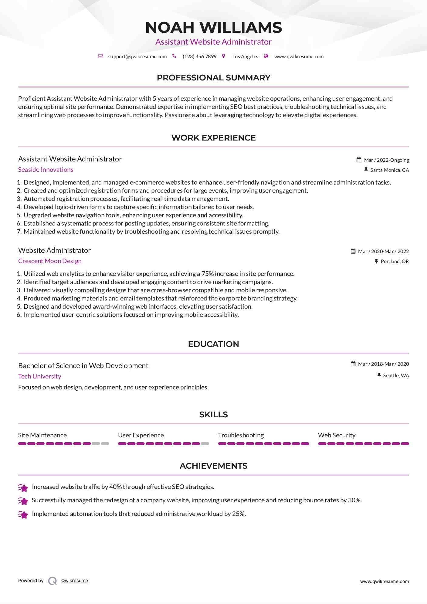 Assistant Website Administrator Resume Sample