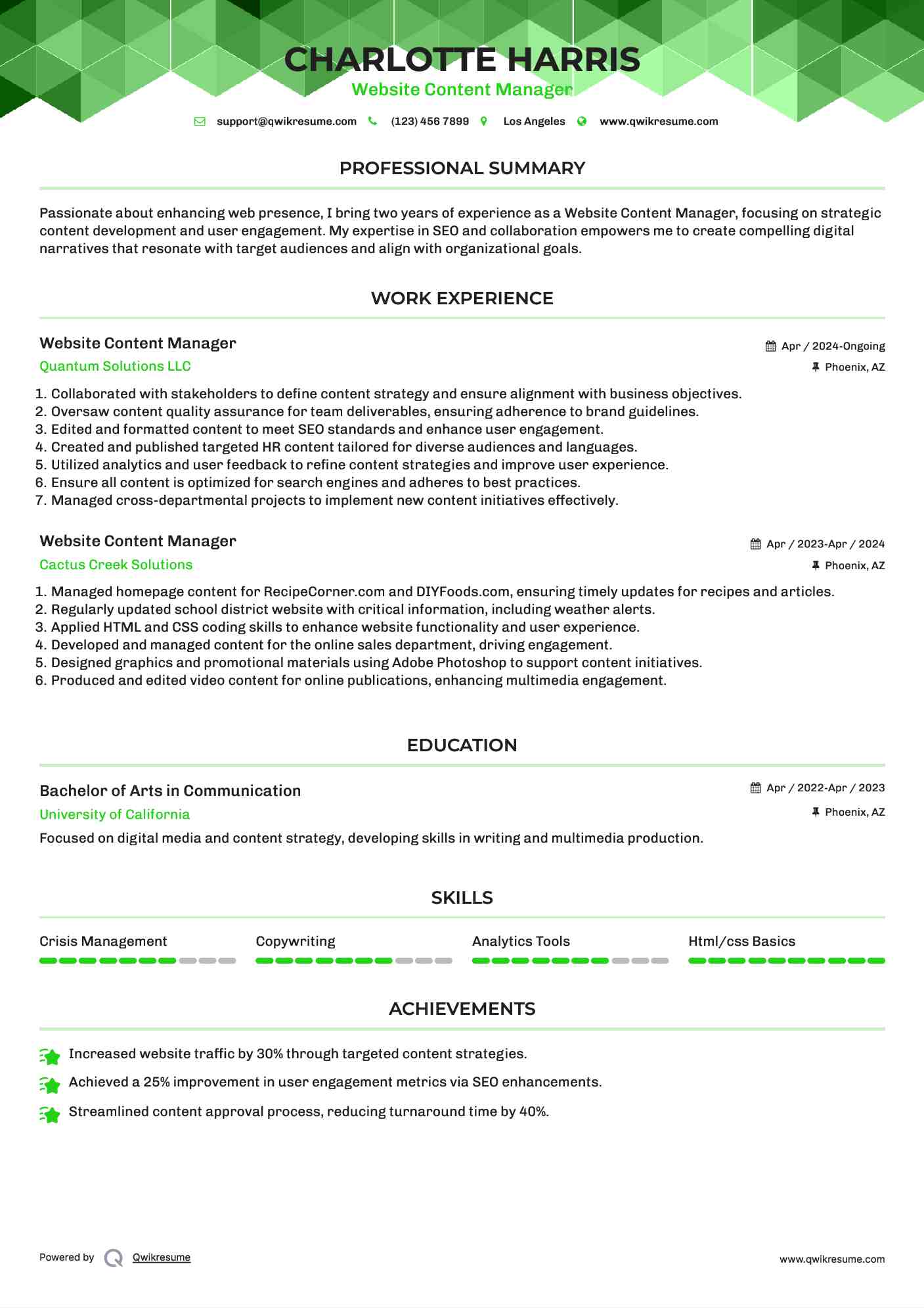 Website Content Manager Resume Sample