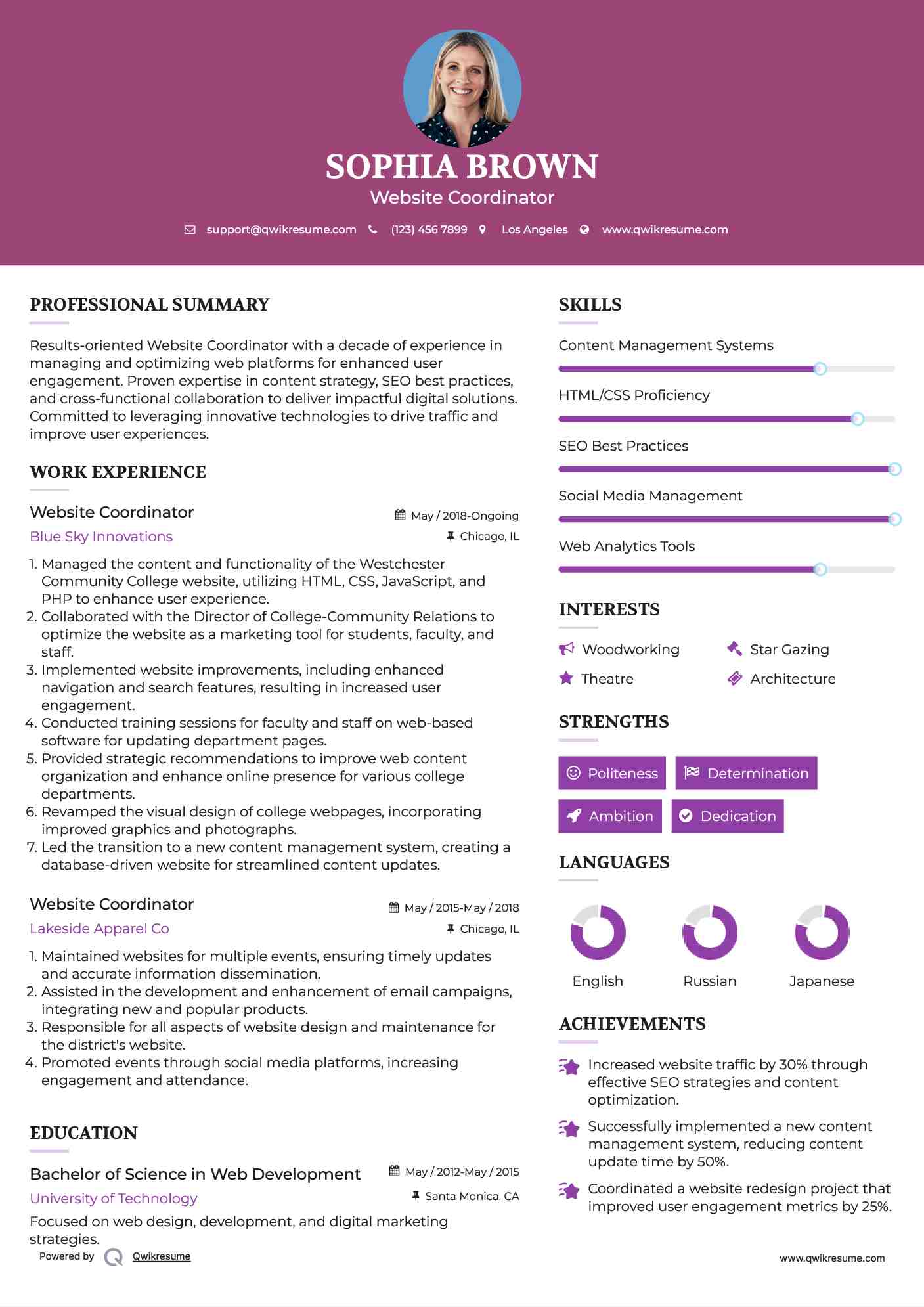 Website Coordinator Resume Model