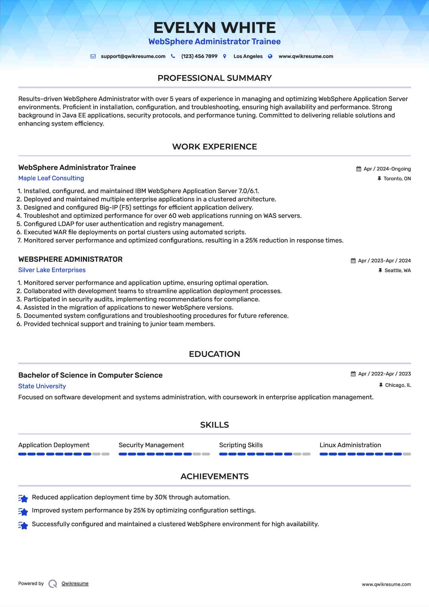 WebSphere Administrator Trainee Resume Model