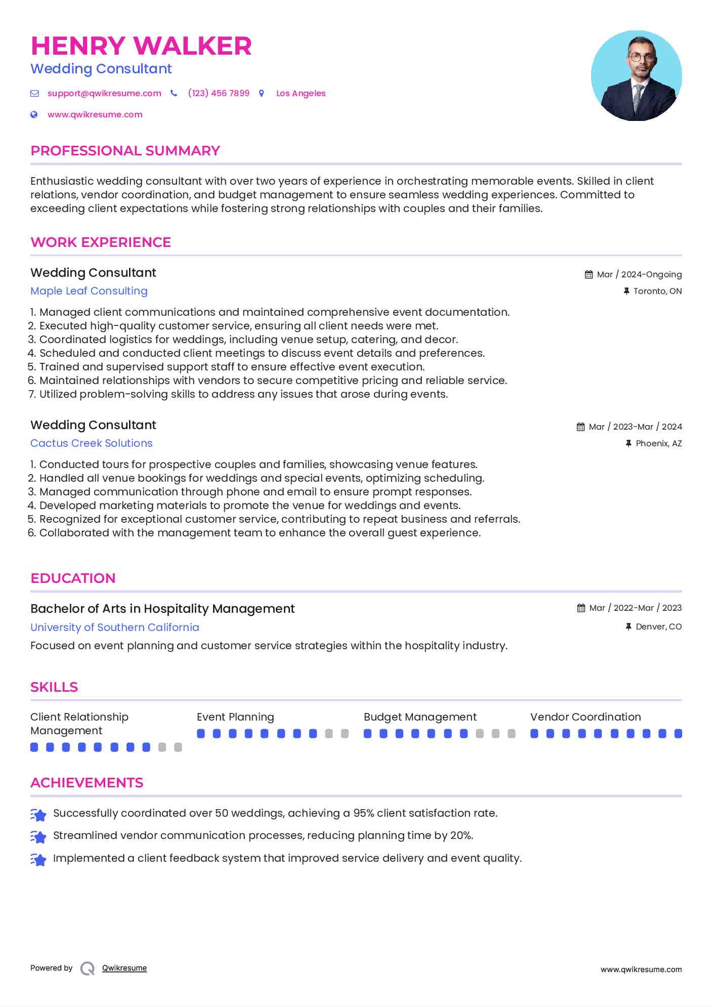Wedding Consultant Resume Format