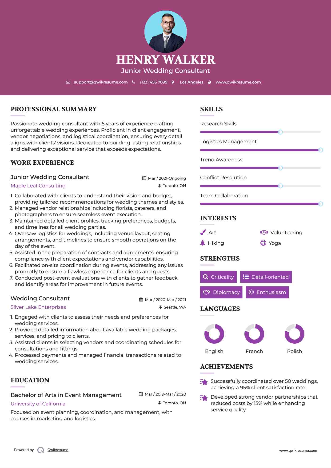 Junior Wedding Consultant Resume Model