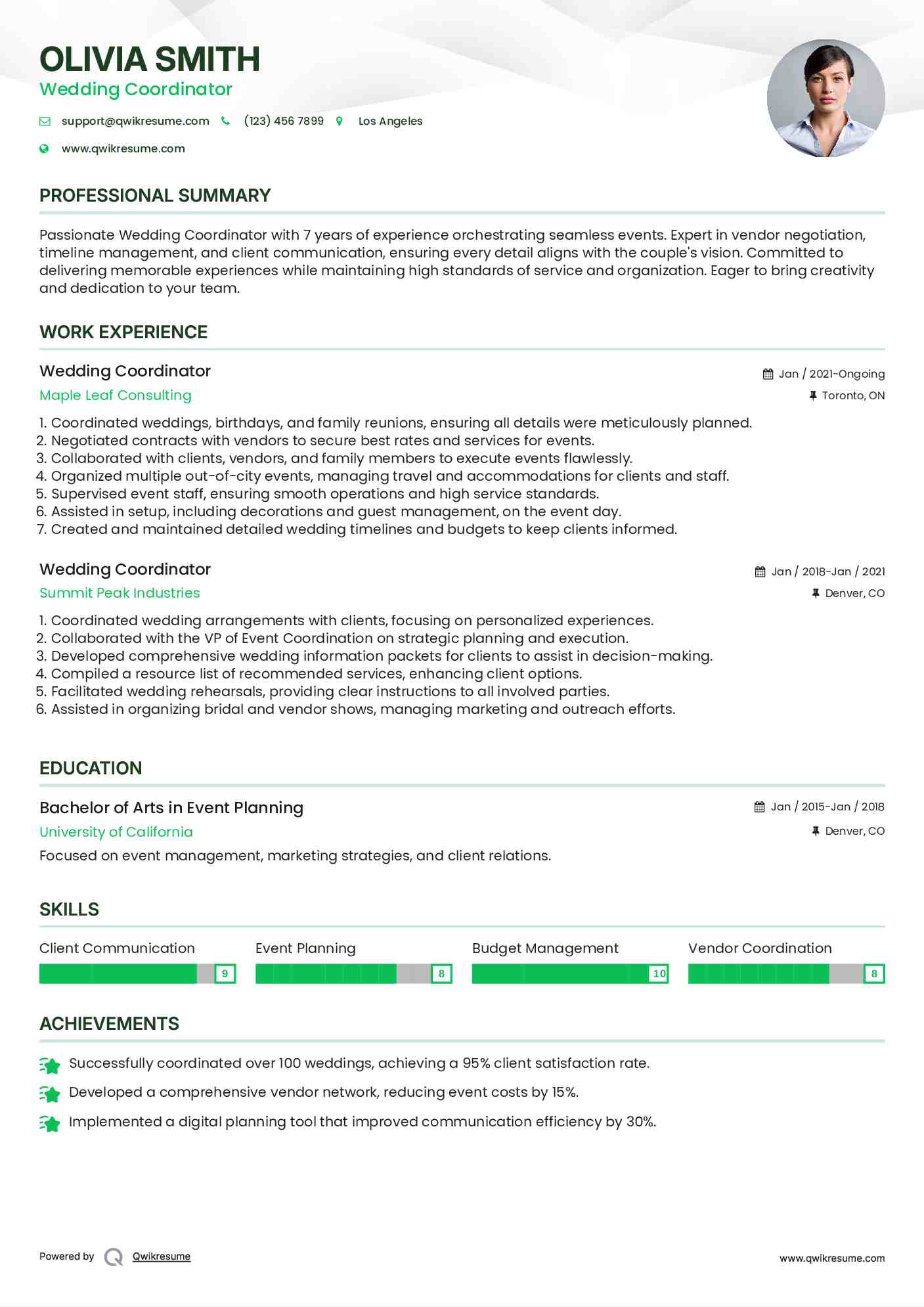 Wedding Coordinator Resume Samples QwikResume