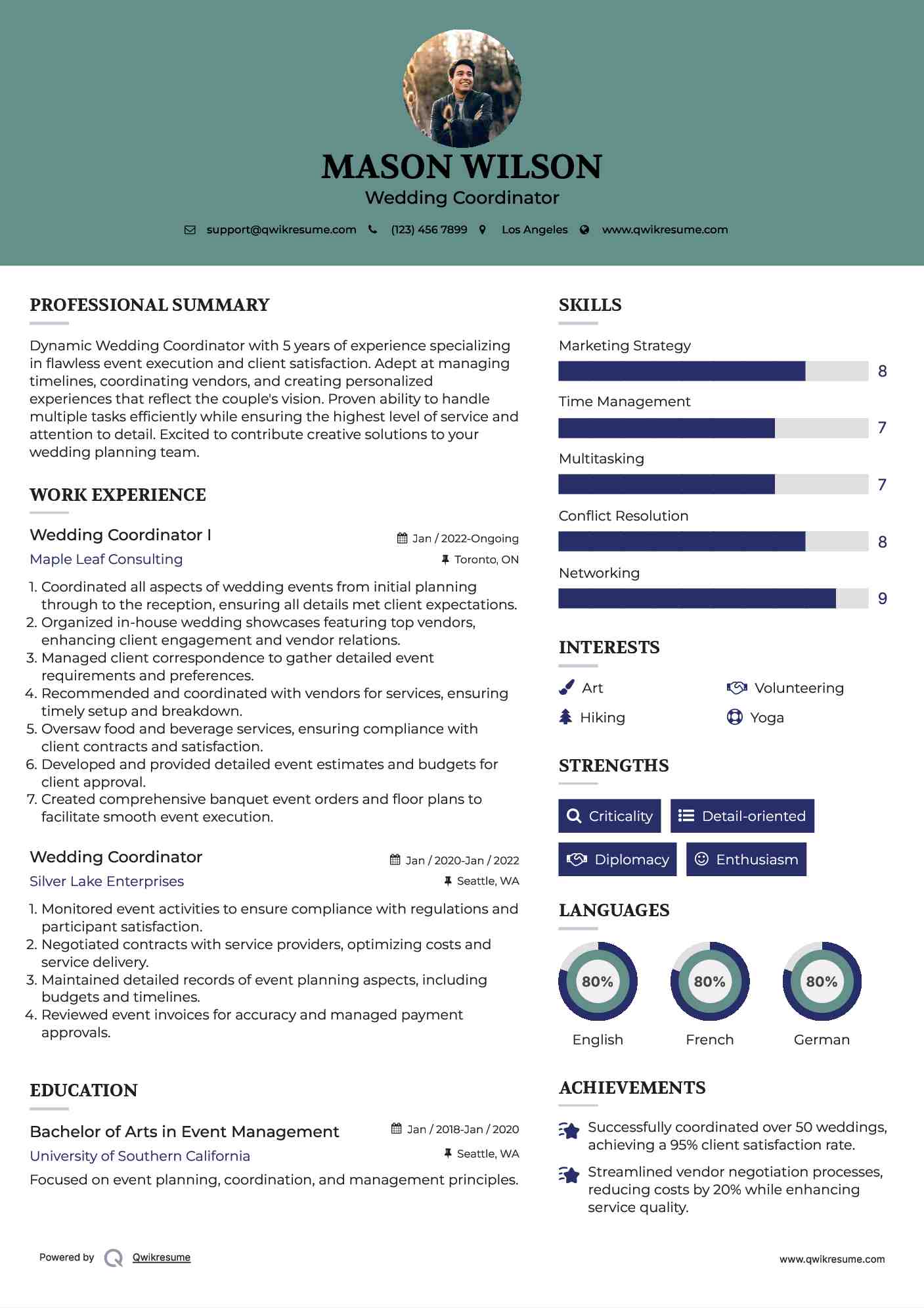 Wedding Coordinator Resume Samples QwikResume