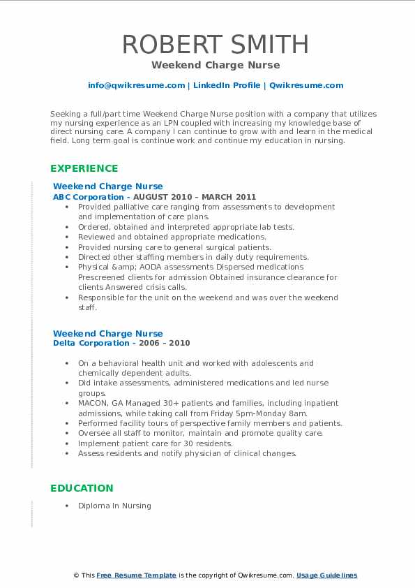 Weekend Charge Nurse Resume Samples QwikResume