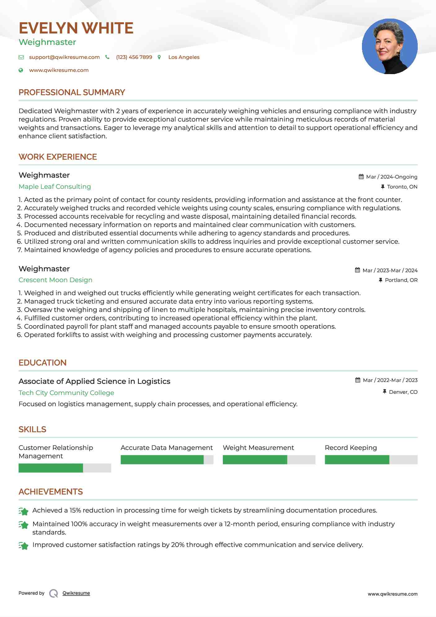 Weighmaster Resume Sample