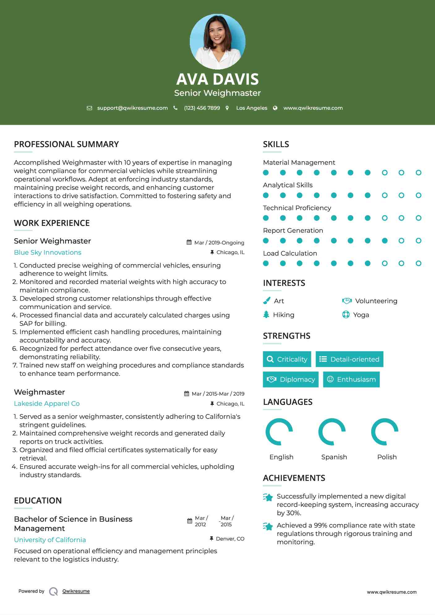 Senior Weighmaster Resume Template