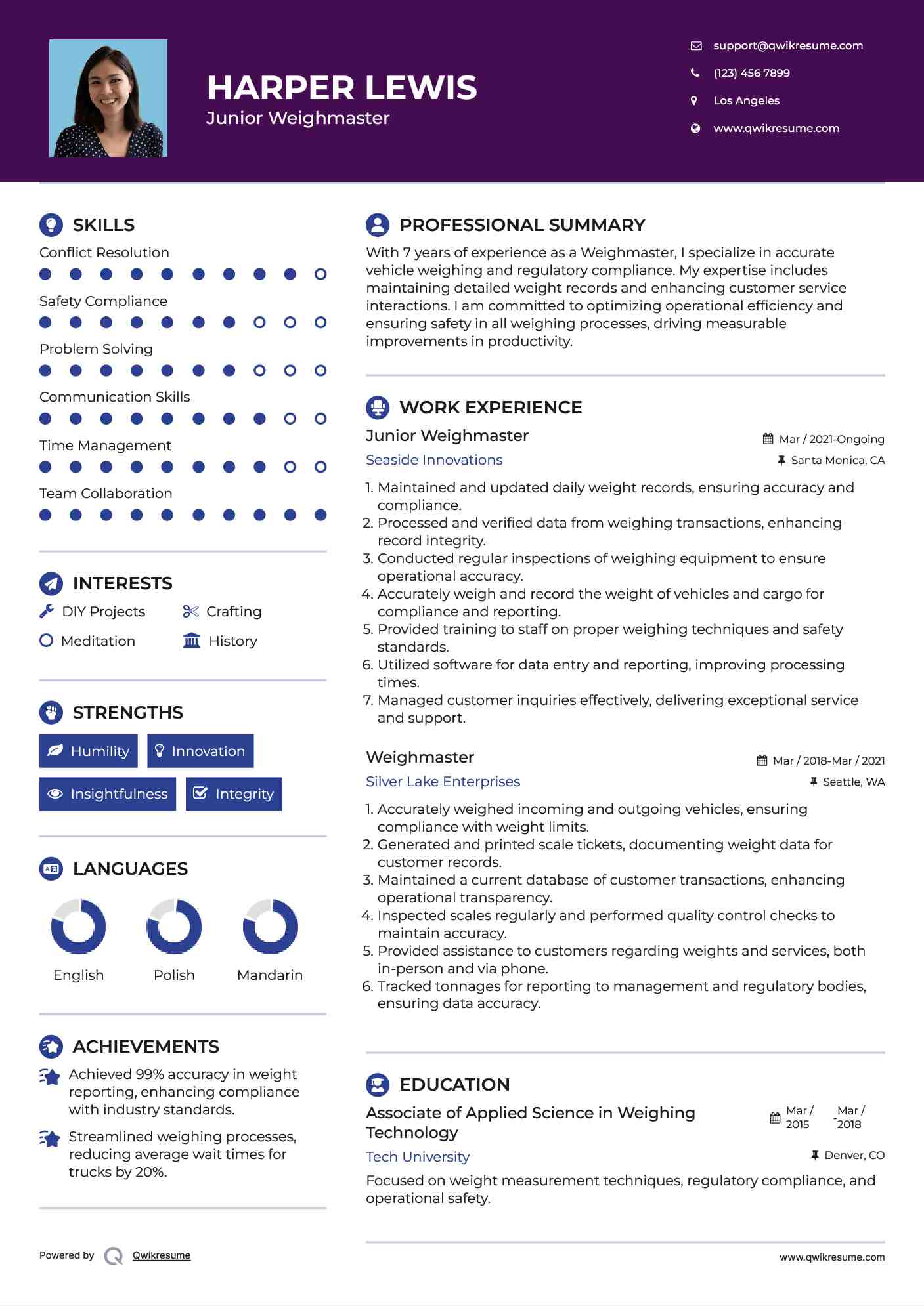 Junior Weighmaster Resume Template