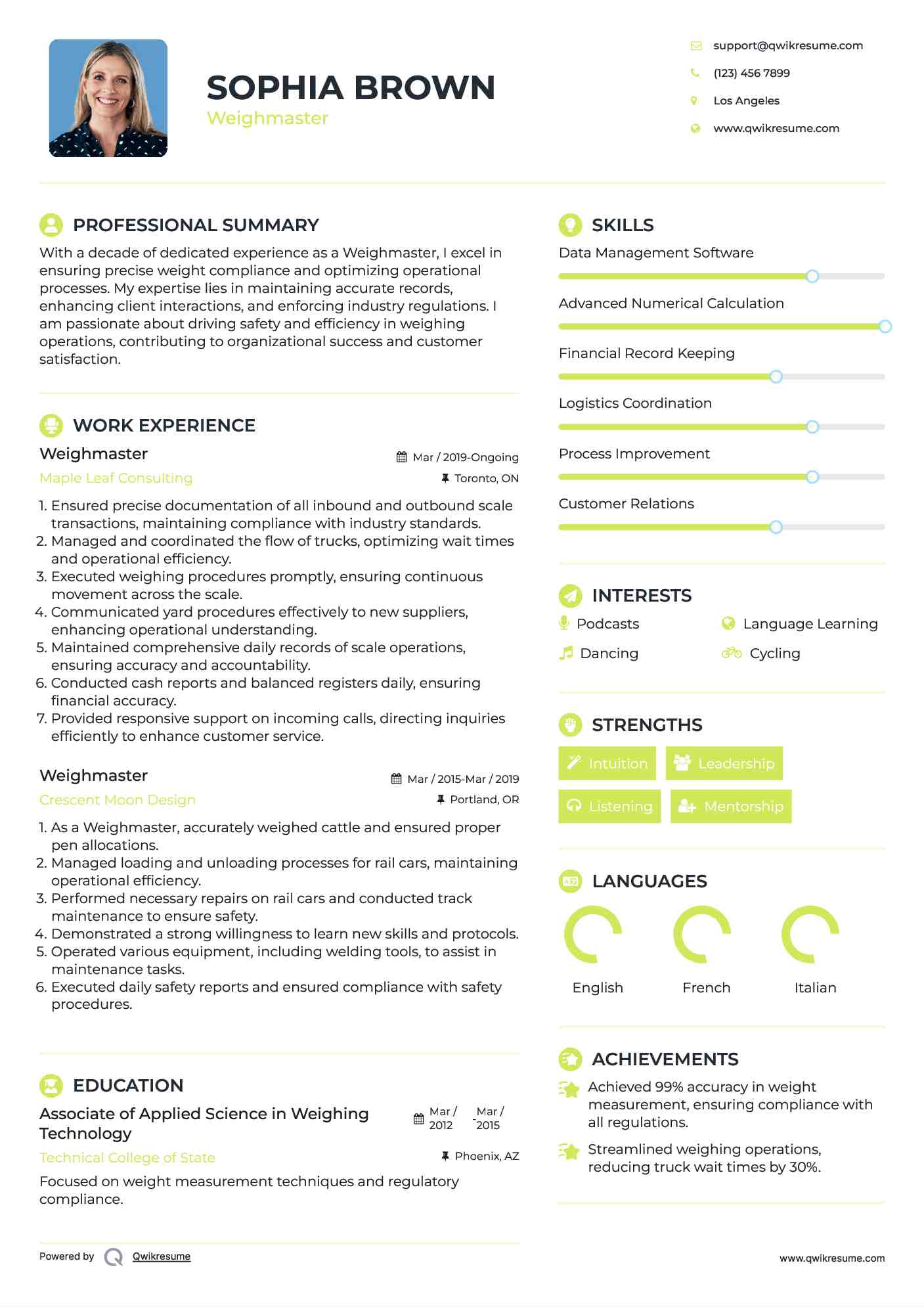 Weighmaster Resume Model