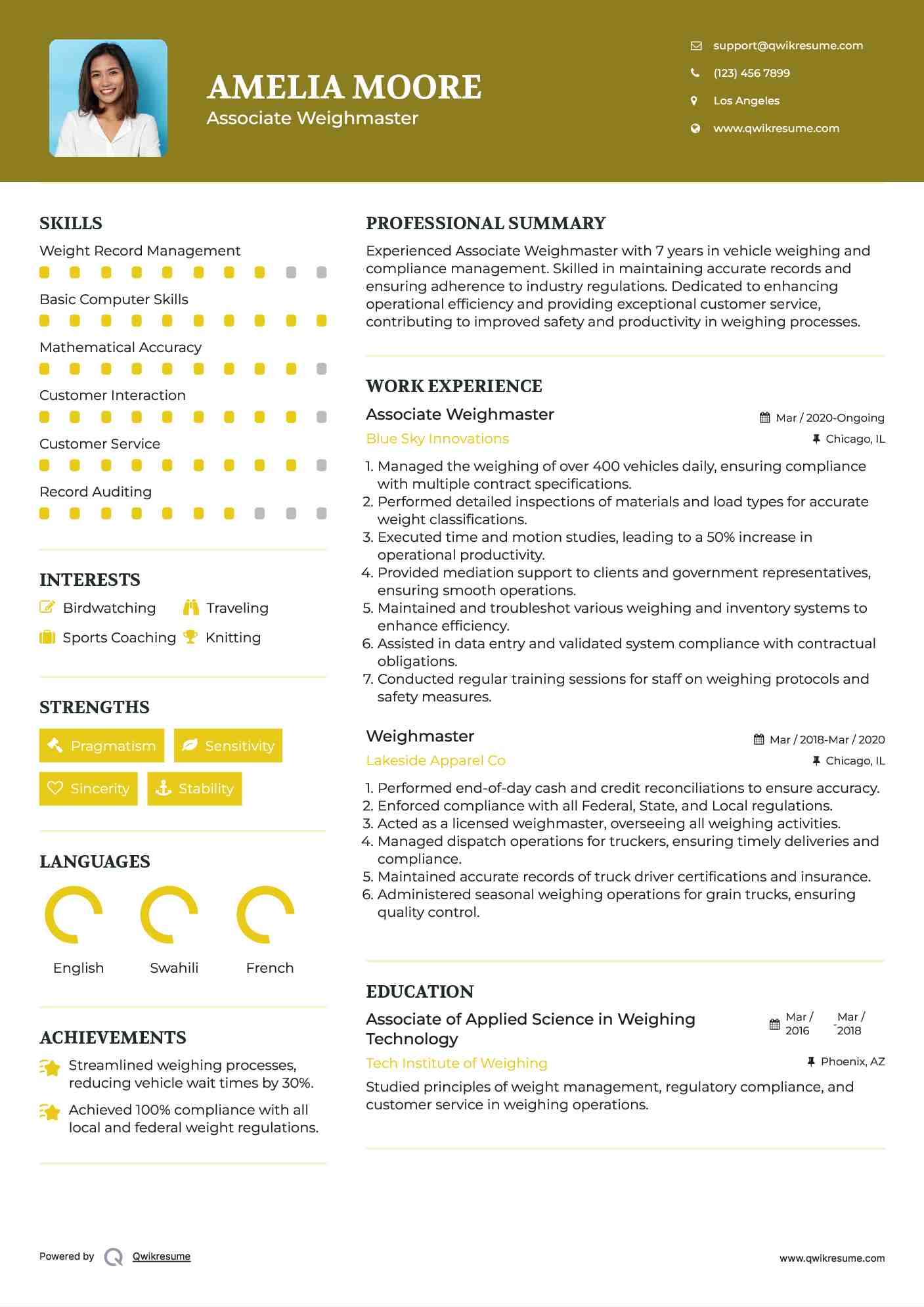 Associate Weighmaster Resume Example