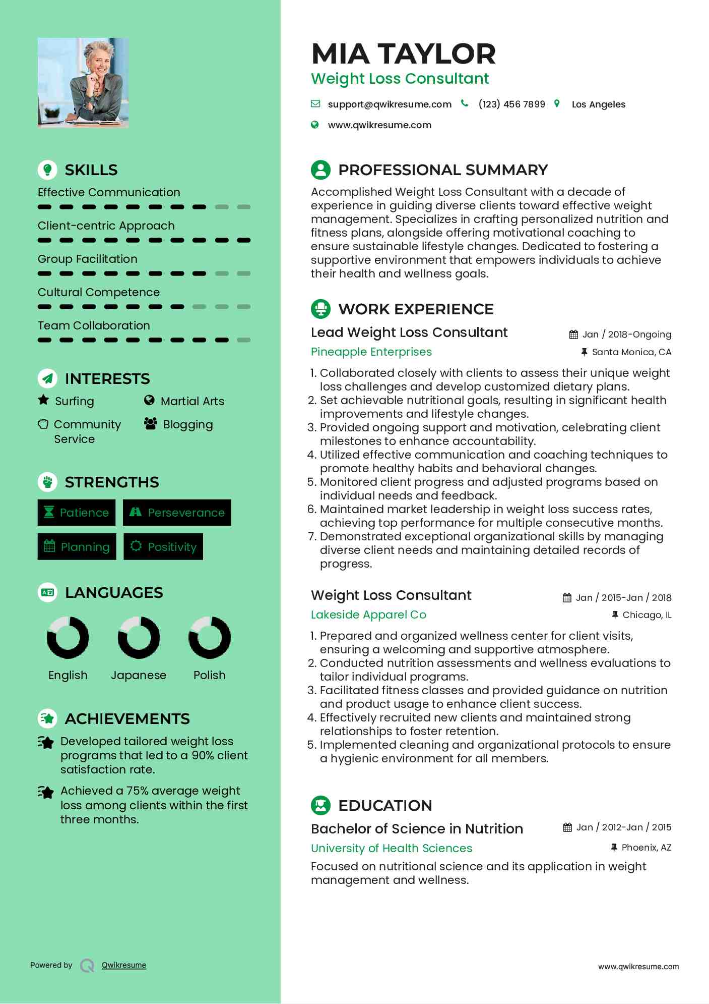 Lead Weight Loss Consultant Resume Example