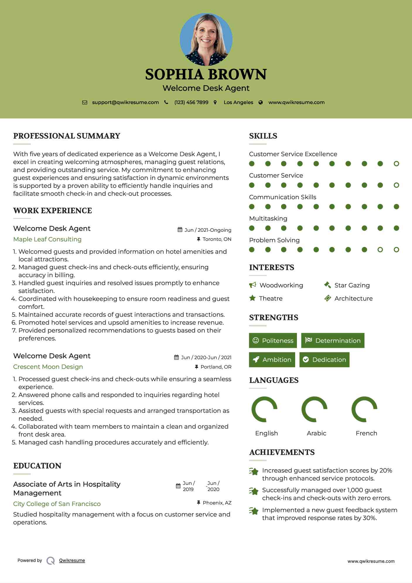 Welcome Desk Agent Resume Model