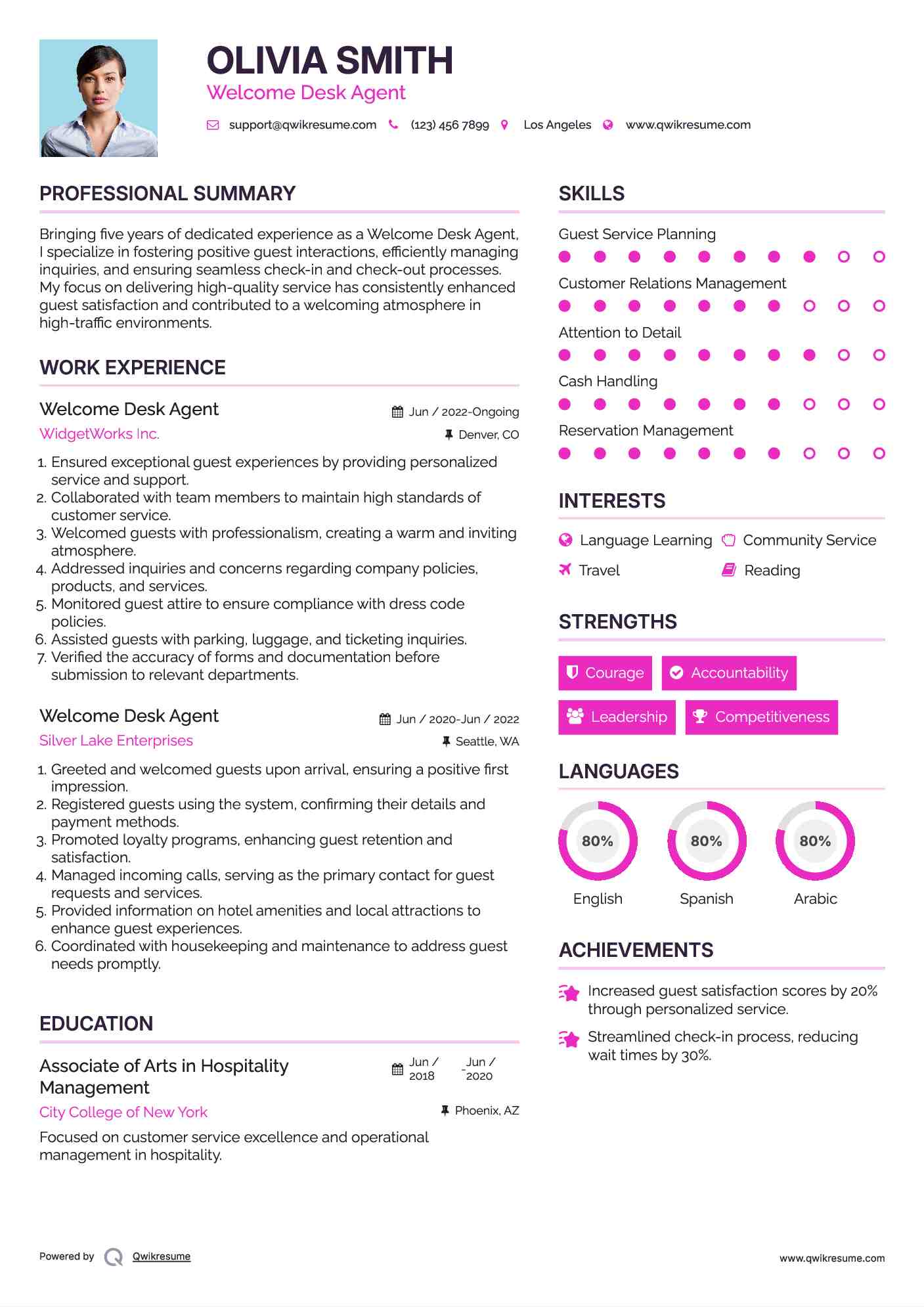 Welcome Desk Agent Resume Format