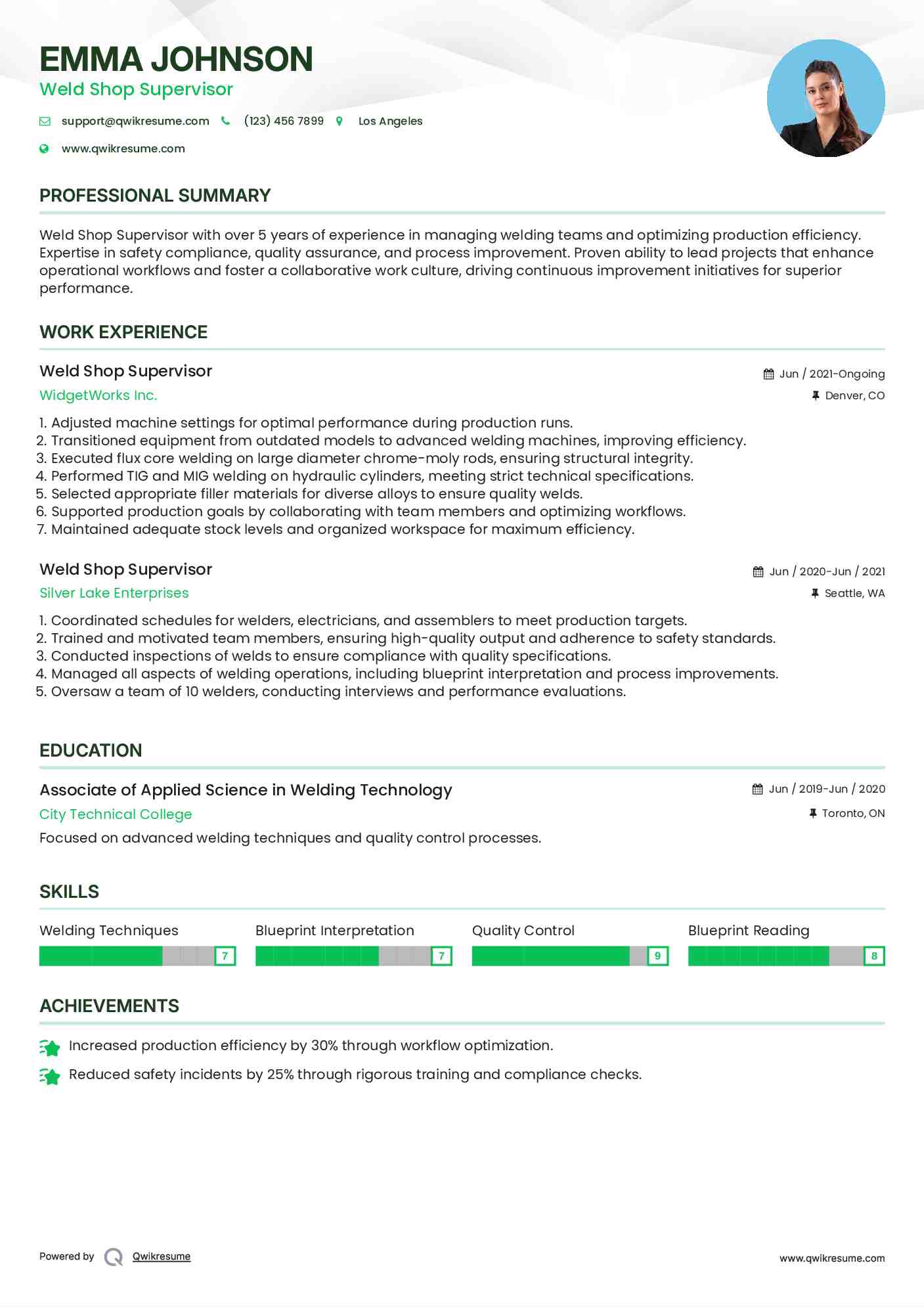 Weld Shop Supervisor Resume Sample
