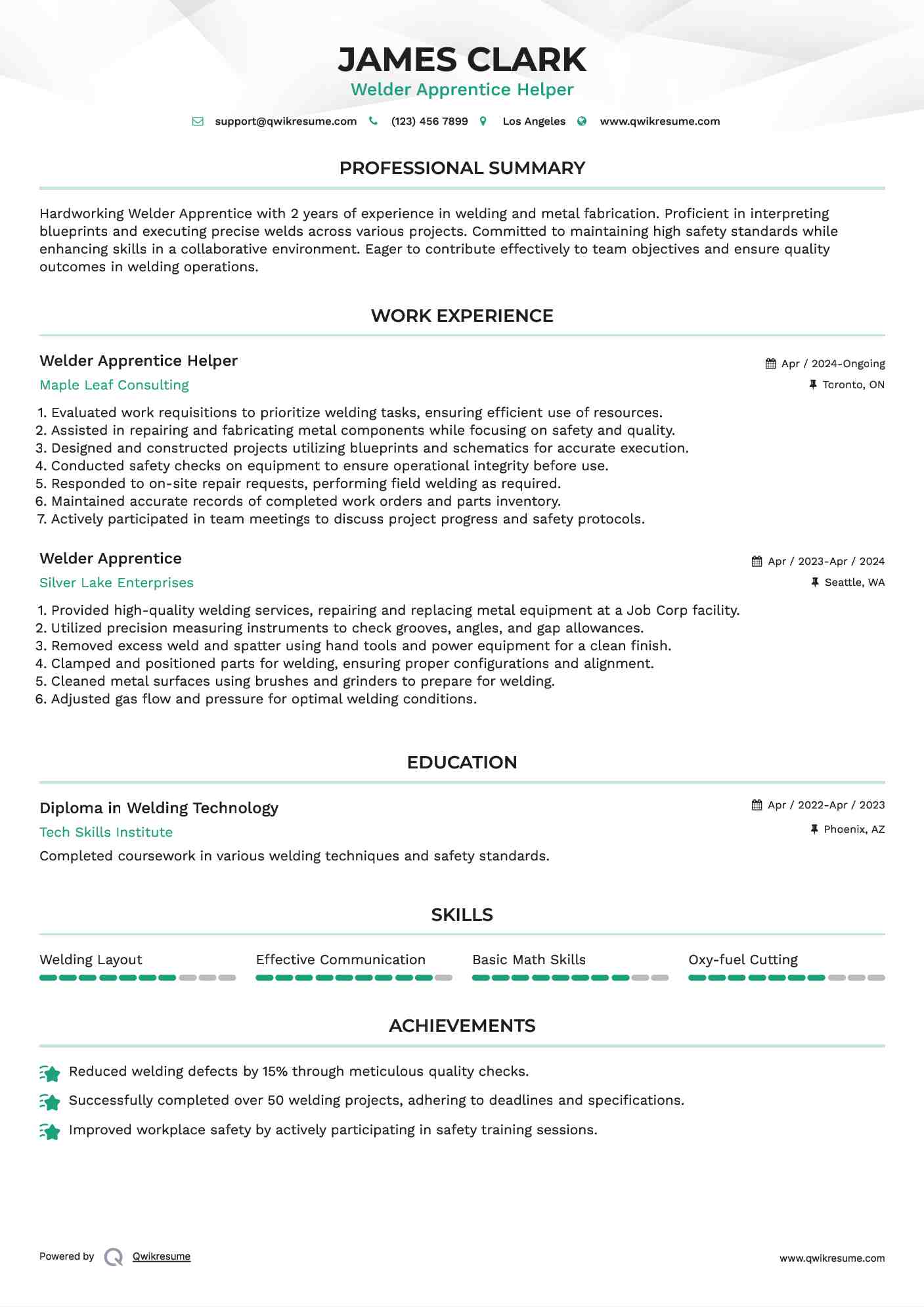 Welder Apprentice Helper Resume Sample