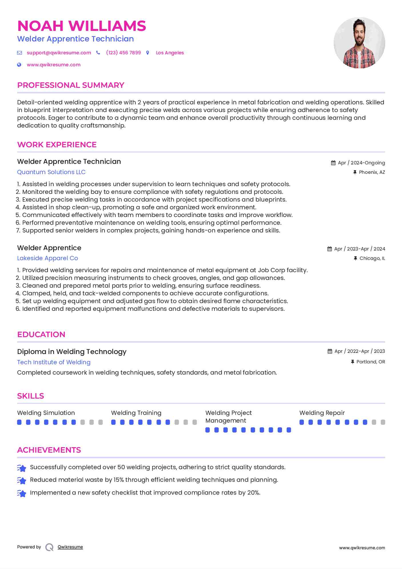 Welder Apprentice Technician Resume Template