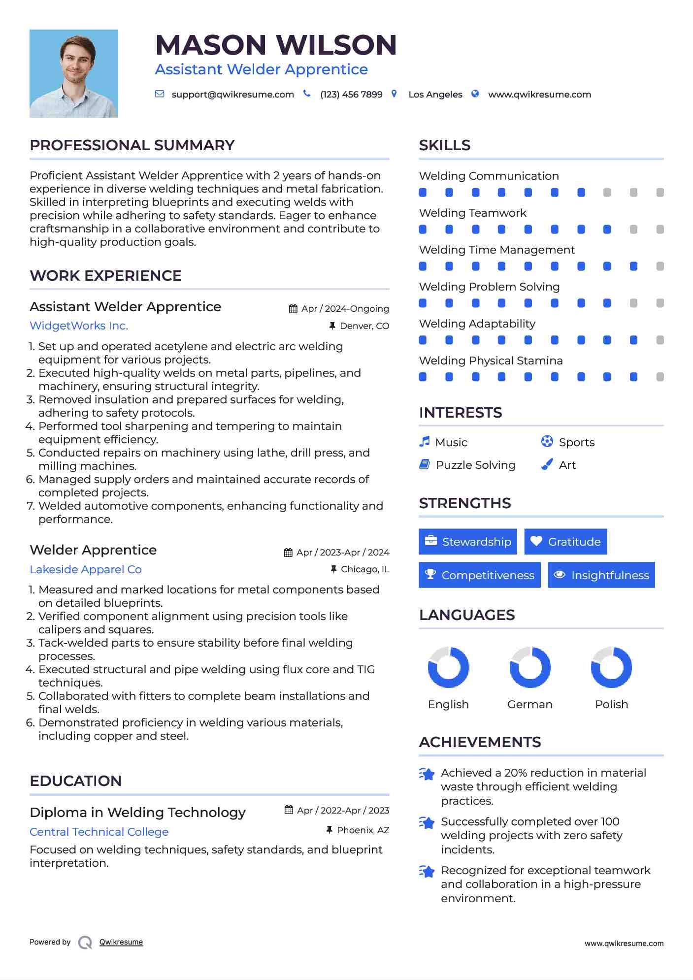 Assistant Welder Apprentice  Resume Template