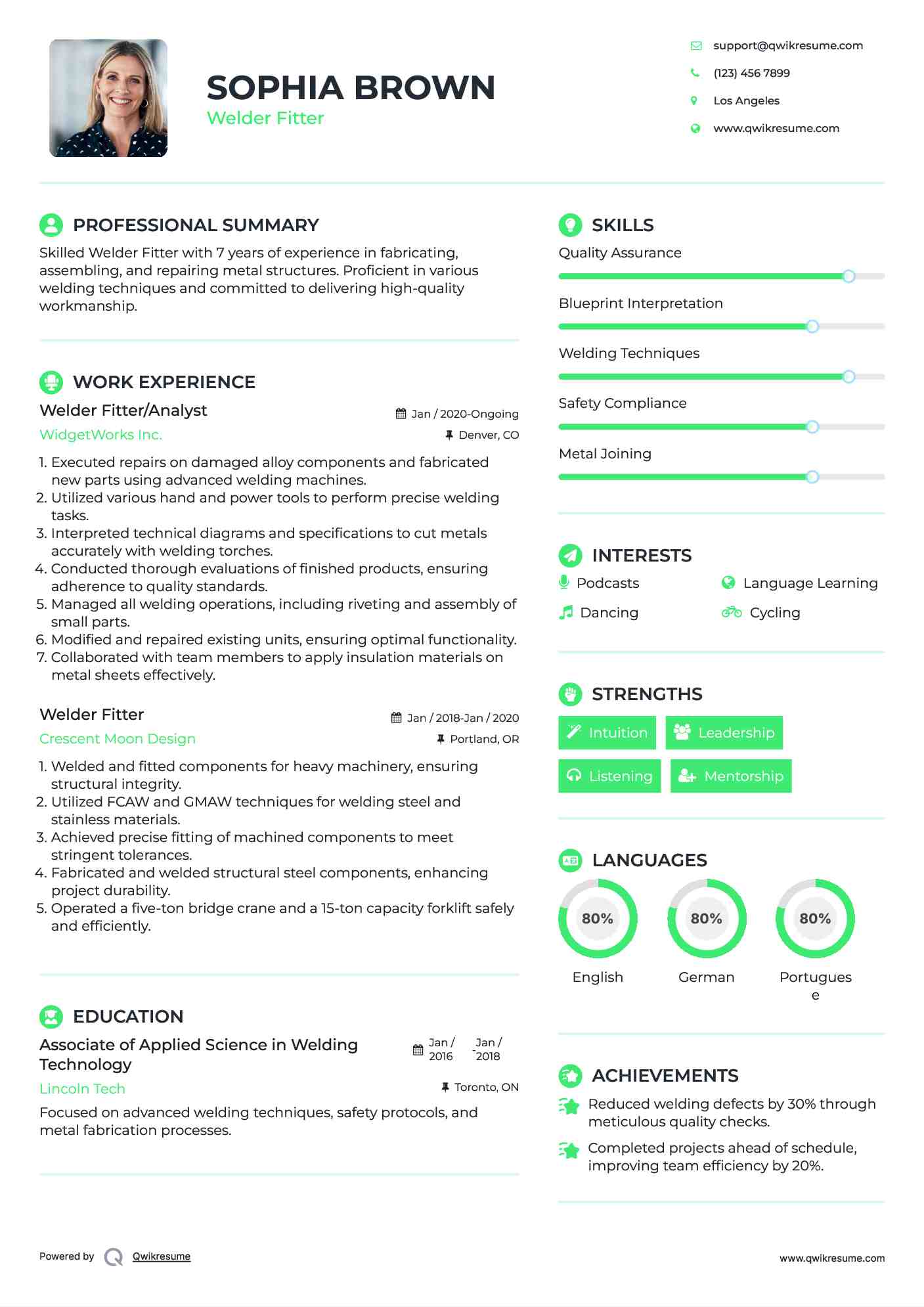 Welder Fitter/Analyst Resume Example