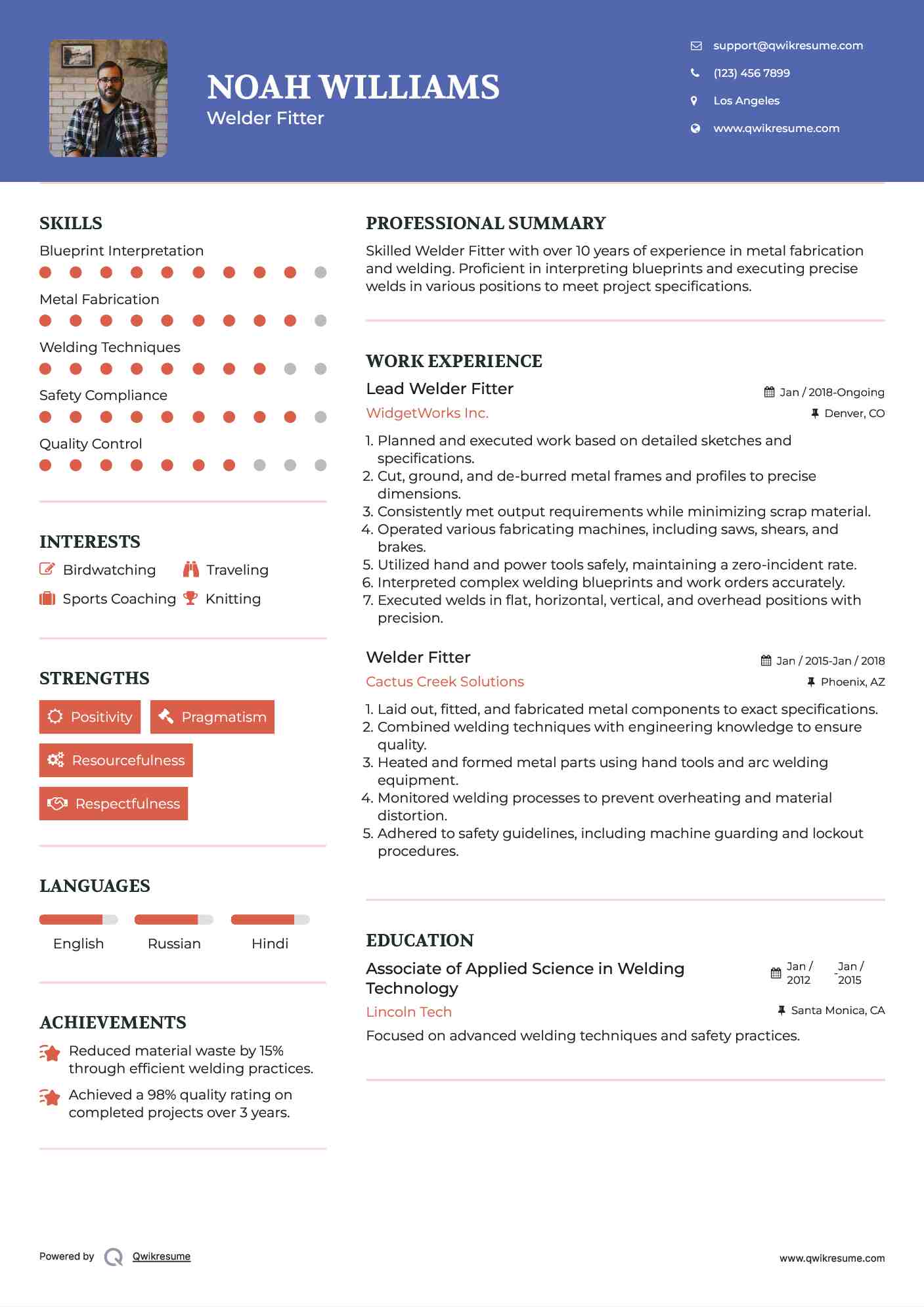 Lead Welder Fitter Resume Example